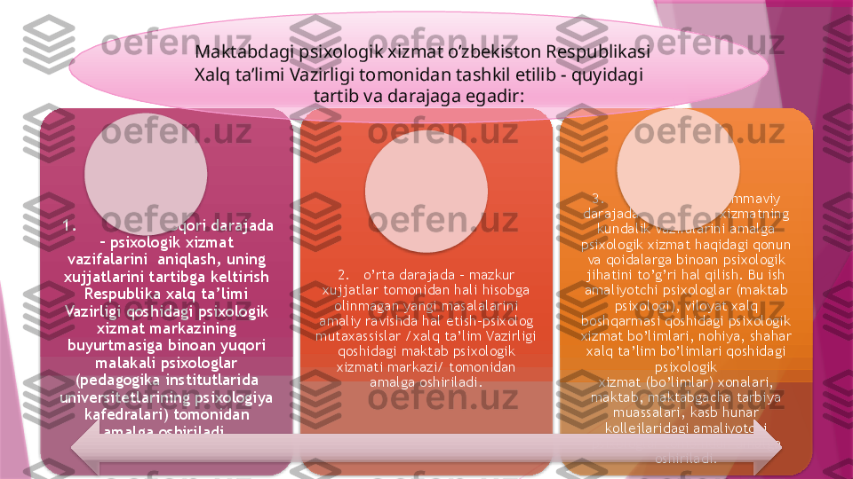   1.                 YUqori darajada 
– psixologik xizmat 
vazifalarini  aniqlash, uning 
xujjatlarini tartibga keltirish 
Respublika xalq ta’limi 
Vazirligi qoshidagi psixologik 
xizmat markazining 
buyurtmasiga binoan yuqori 
malakali psixologlar 
(pedagogika institutlarida 
universitetlarining psixologiya 
kafedralari) tomonidan 
amalga oshiriladi. 2.   o’rta darajada – mazkur 
xujjatlar tomonidan hali hisobga 
olinmagan yangi masalalarini 
amaliy ravishda hal etish-psixolog 
mutaxassislar /xalq ta’lim Vazirligi 
qoshidagi maktab psixologik 
xizmati markazi/ tomonidan 
amalga oshiriladi. 3.                  Asosiy ommaviy 
darajada – psixologik xizmatning 
kundalik vazifalarini amalga 
psixologik xizmat haqidagi qonun 
va qoidalarga binoan psixologik 
jihatini to’g’ri hal qilish. Bu ish 
amaliyotchi psixologlar (maktab 
psixologi), viloyat xalq 
boshqarmasi qoshidagi psixologik 
xizmat bo’limlari, nohiya, shahar 
xalq ta’lim bo’limlari qoshidagi 
psixologik 
xizmat (bo’limlar) xonalari, 
maktab, maktabgacha tarbiya 
muassalari, kasb hunar 
kollejlaridagi amaliyotchi 
psixologlar tomonidan amalga 
oshiriladi.  Maktabdagi psixologik xizmat o’zbekiston Respublikasi 
Xalq ta’limi Vazirligi tomonidan tashkil etilib - quyidagi 
tartib va darajaga egadir:                          