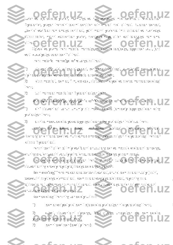 tuzish   va   reja   asosida   yozish,   mazmunga   va   nutq   vaziyatiga   mos   ravishda   til   vositalaridan
foydalanish,   yozgan   inshosini   takomillashtirish   ko'nikmaiari   hosil   qilinadi.   Bulardan   tashqari,
„texnik"   vazifalar   ham   amalga   oshiriladi,   ya'ni   matnni   yozishda   imlo   qoidalari   va   husnixatga
e'tibor   berish,   matnni   xatboshidan   yozish,   hoshiyaga   rioya   qilish   kabi   talablarga   ham   amal
qilinadi. 
Og'zaki   va  yozma   insho  material  manbaiga,  mustaqillik  darajasiga,   tayyorlash   usuli,   janri
va til xususiyatiga qarab tasnif qilinadi. 
Insho  material manbaiga ko'ra  uchga bo'linadi: 
1) o'quvchining   o'zi   ko'rgan-bilganlari,   eshitganlari   haqidagi,   kuzatishlar,   ekskursiyalar,
o'yinlar, o'z tajribasi va boshqa jonli materiallar asosidagi insho; 
2) kitob materiali, rasmlar, film, spektakl, o'qituvchi hikoyasi va boshqa manbalar asosidagi
insho; 
3) turli manbalar materialidan foydalaniladigan insho. 
Mustaqillik darajasiga, tayyorgarlik ko'rish metodiga ko'ra  insho ikki turli bo'ladi: 
1) sinf   o'quvchilari   uchun   umumiy   bir   mavzu   asosida   jamoaviy   tayyorgarlikdan   so'ng
yoziladigan insho; 
2) alohida mavzu asosida yakka tayyorgarlikdan so'ng yoziladigan individual insho. 
Janriga  ko'ra  hikoya,  tasvir,  muhokama   tarzidagi  insholarga  bo'linadi. 
Boshlang'ich sinflarda tasvir va muhokama elementlari mavjud bo'lgan hikoya tarzidagi inshodan
ko'proq foydalaniladi. 
Inshoni   tasnif   qilish   ta'limiy   vazifalarni   chuqur   anglash   va   metodik   vositalarni   tanlashga,
shuningdek, ish turlarini zaruriy yo'nalishda, baravar taqsimiashga yordam beradi. 
Boshlang'ich   sinflarda   yozdiriladigan   inshoning   muhim   turlaridan   biri   kichik   yoshdagi
o'quvchilarning shaxsiy hayotiy tajribasiga asoslangan inshodir. 
Rasm asosidagi insho  maktablarda tez-tez o'tkaziladi, chunki rasm bolalar nutqiy ijodini, 
tasavvurini boyitishga xizmat qiladi. Rasm bolalar sezgisiga ta'sir etadi, hayotning bola 
tajribasida hali uchramagan tomonlarini ochadi. Rasm o'quvchilarga tanish bo'lgan hodisalarni 
chuqur anglashga ham yordam beradi. 
Rasm asosidagi inshoning uch asosiy turi bor: 
1) rasmlar seriyasi yoki rasmli reja asosida yoziladigan hikoya tarzidagi insho; 
2) sujetli,   o'quvchilarni   o'ylashga,   faraz   qilishga   undaydigan   bir,   rasm   asosida
yoziladigan hikoya tarzidagi insho; 
3) rasmni tasvirlash (tasviriy insho).  >
1 