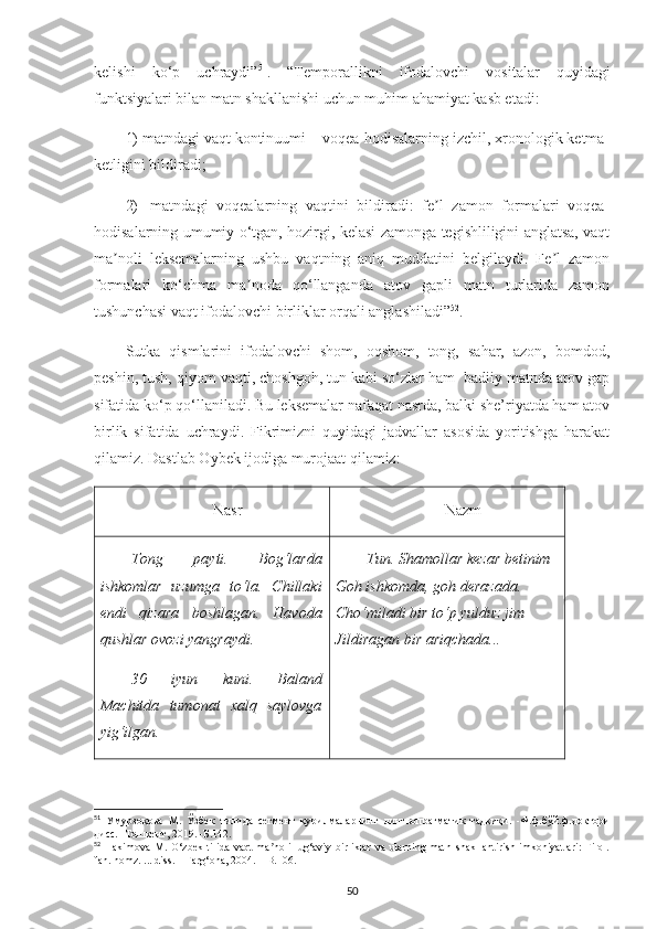 kelishi   ko‘p   uchraydi” 51
.   “Temporallikni   ifodalovchi   vositalar   quyidagi
funktsiyalari bilan matn shakllanishi uchun muhim ahamiyat kasb etadi: 
1)  matndagi vaqt kontinuumi – voqea-hodisalarning izchil, xronologik ketma-
ketligini bildiradi; 
2)    matndagi   voqealarning   vaqtini   bildiradi:   fe l   zamon   formalari   voqea-ʼ
hodisalarning umumiy o‘tgan, hozirgi, kelasi zamonga tegishliligini anglatsa, vaqt
ma noli   leksemalarning   ushbu   vaqtning   aniq   muddatini   belgilaydi.   Fe l   zamon	
ʼ ʼ
formalari   ko‘chma   ma noda   qo‘llanganda   atov   gapli   matn   turlarida   zamon	
ʼ
tushunchasi vaqt ifodalovchi birliklar orqali anglashiladi” 52
.
Sutka   qismlarini   ifodalovchi   shom,   oqshom,   tong,   sahar,   azon,   bomdod,
peshin, tush, qiyom vaqti, choshgoh, tun kabi so‘zlar ham  badiiy matnda atov gap
sifatida ko‘p qo‘llaniladi. Bu leksemalar nafaqat nasrda, balki she’riyatda ham atov
birlik   sifatida   uchraydi.   Fikrimizni   quyidagi   jadvallar   asosida   yoritishga   harakat
qilamiz. Dastlab Oybek ijodiga murojaat qilamiz:
Nasr Nazm
Tong   payti.   Bog‘larda
ishkomlar   uzumga   to‘la.   Chillaki
endi   qizara   boshlagan.   Havoda
qushlar ovozi yangraydi.
30   iyun   kuni.   Baland
Machitda   tumonat   xalq   saylovga
yig‘ilgan . Tun. Shamollar kezar betinim  
Goh ishkomda, goh derazada.  
Cho‘miladi bir to‘p yulduz jim  
Jildiragan bir ariqchada...
51
  Умурзоқова   М.   Ў збек   тилида   сегмент   қурилмаларнинг   лингвопрагматик   тадқиқи.   -Ф.ф.бўй.ф.доктори
дисс. -Тошкент, 2019. -Б.142.
52
  Hakimova  M. O‘zbek  tilida  vaqt   ma noli  lug‘aviy  birliklar   va  ularning  matn  shakllantirish  imkoniyatlari:   Filol.	
ʼ
fan. nomz. ... diss. – Farg‘ona, 2004. – B.106.
50 