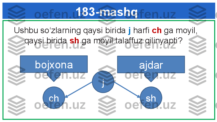 183-mashq 
Ushbu so‘zlarning qaysi birida  j  harfi   ch  ga moyil, 
qaysi birida  sh  ga moyil talaffuz qilinyapti?  
bojxona
ajdar
ch shj 