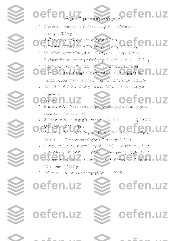 Tavsiya qilingan asosiy adabiyotlar
1. O’zbekiston Respublikasi Konstitutsiyasi T.: O’zbekiston 
nashriyoti 2019 y
2. X.I.Ibragimov Pedagogik-psixologiya. O’quv 
qo’llanma .O’zbekiston milliy jamiyatinashriyoti.T:2009y
3. Sh.Do’smuxammedova, X.A..Tillshayxova G.Baykusunova, 
G.Ziyavitdinova Umumiy psixologiya 2-kitob. Darslik. T.:2020 y
4. D.A.Nurkeldiyeva, Ya.Ye.Chicherina. Ilk maktabgacha va 
Kichik maktab yoshidagi bolalarni psixologik, pedagogik va 
logopedik tekshirish.  Uslubiy qo’llanma. T.:Yangi avlod 2007y
5. Davletshin M.G. Zamonaviy maktab o‘qituvchisi psixologiyasi. - 
Toshkent,
1998 y.
6. Sherbakov A.I. Yosh psixologiyasi va pedagogik psixologiyadan
praktikum. Toshkent, 1991.
7. Xoliqov   A.A.   Pedagogik   mahorat.   Darslik.   –   T.:   IQTISOD-
MOLIYA ” ,  2011.- 425 b.
8. Ibragimov   X.I.,   Abdullayeva   Sh.A.   Pedagogika   nazariyasi.
Darslik.  - T.: “Fan va texnologiyalar” nashriyoti, 2008 .
9. O‘zbek   pedagogikasi   antologiyasi.   1-jild.   Tuzuvchi-mualliflar:
K.Hoshimov,   S.Ochil.   –Toshkent   “O‘qituvchi”,   1995;   2-jild.
Tuzuvchi-mualliflar   S.Ochil,   K.Hoshimov   –Toshkent
“O‘qituvchi”, 1999 y
10. Po’latova P. M. Maxsus pedagogigka – T.:  2005. 