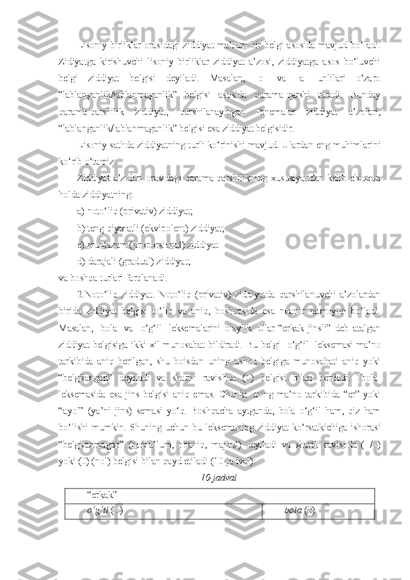 Lisoniy birliklar orasidagi  ziddiyat ma’lum bir belgi asosida  mavjud bo‘ladi.
Zidiyatga   kirishuvchi   lisoniy   birliklar   ziddiyat   a’zosi,   ziddiyatga   asos   bo‘luvchi
belgi   ziddiyat   belgisi   deyiladi.   Masalan,   [o]   va   [a]   unlilari   o‘zaro
“lablanganlik/lablanmaganlik”   belgisi   asosida   qarama-qarshi   turadi.   Bunday
qarama - qarshilik   ziddiyat,   qarshilanayotgan   fonemalar   ziddiyat   a’zolari,
“lablanganlik/lablanmaganlik” belgisi esa ziddiyat belgisidir. 
Lisoniy sathda ziddiyatning turli ko‘rinishi mavjud. Ulardan eng muhimlarini
ko‘rib o‘tamiz.
Ziddiyat  a’zolari   orasidagi   qarama-qarshilikning  xususiyatidan   kelib  chiqqan
holda ziddiyatning: 
a) noto‘liq (privativ) ziddiyat;
b) teng qiymatli (ekvipolent) ziddiyat;
e) muntazam (proporsional) ziddiyat
d) darajali (gradual) ziddiyat;
va boshqa turlari farqlanadi .
2.Noto‘liq   ziddiyat.   Noto‘liq   (privativ)   ziddiyatda   qarshilanuvchi   a’zolardan
birida   ziddiyat   belgisi   to‘liq   va   aniq,   boshqasida   esa   noaniq   namoyon   bo‘ladi.
Masalan,   [ bola]   va   [ o‘g‘il]   leksemalarini   olaylik.   Ular   “erkak   jinsli”   deb   atalgan
ziddiyat belgisiga ikki  xil  munosabat  bildiradi. Bu belgi [ o‘g‘il]   leksemasi  ma’no
tarkibida   aniq   berilgan,   shu   boisdan   uning   ushbu   belgiga   munosabati   aniq   yoki
“belgilangan”   deyiladi   va   shartli   ravishda   (+)   belgisi   bilan   beriladi.   [ bola]
leksemasida   esa   jins   belgisi   aniq   emas.   Chunki   uning   ma’no   tarkibida   “er”   yoki
“ayol”   (ya’ni   jins)   semasi   yo‘q.   Boshqacha   aytganda,   bola   o‘g‘il   ham,   qiz   ham
bo‘lishi   mumkin.  Shuning   uchun  bu   leksemaning   ziddiyat   ko‘rsatkichiga   ishorasi
“belgilanmagan”   (noma’lum,   noaniq,   majhul)   deyiladi   va   shartli   ravishda   (+/–)
yoki (0) (nol) belgisi bilan qayd etiladi (10-jadval): 
                                                    10 - jadval
“ erkak ”
o‘g‘il  ( +) bola  (0) 