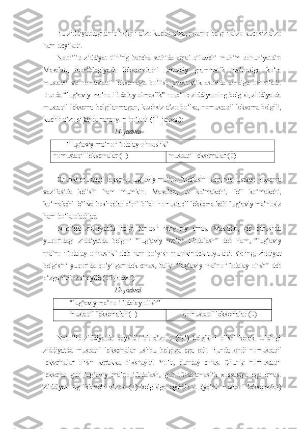 Bu ziddiyatdagi aniq belgili a’zo kuchli a’zo, noaniq belgili a’zo kuchsiz a’zo
ham deyiladi.
Noto‘liq   ziddiyat   tilning   barcha   sathida   amal   qiluvchi   muhim   qonuniyatdir.
Masalan,   morfologiyada   leksemalarni   umumiy   grammatik   ma’nosiga   ko‘ra
mustaqil   va   nomustaqil   leksemaga   bo‘lish   privativlik   asosida   amalga   oshiriladi.
Bunda “lug‘aviy ma’no ifodalay olmaslik” noto‘liq ziddiyatning belgisi, ziddiyatda
mustaqil leksema belgilanmagan, kuchsiz a’zo bo‘lsa, nomustaqil leksema belgili,
kuchli a’zo sifatida namoyon bo‘ladi (11-jadval):
                                 11-jadval                 
“ lug‘aviy ma’no ifodalay olmaslik ”
nomustaqil leksemalar ( +) mustaqil leksemalar  (0)
Chunki mustaqil leksema lug‘aviy ma’no ifodalashi ham, nomustaqil leksema
vazifasida   kelishi   ham   mumkin.   Masalan,   ot   ko‘makchi,   fe’l   ko‘makchi,
ko‘makchi fe’l va  boshqalar   o‘rni bilan  nomustaqil leksema kabi lug‘aviy ma’nosiz
ham bo‘la oladilar.
Noto‘liq   ziddiyatda   belgi   tanlash   ixtiyoriy   emas.   Masalan,   bir   qarashda
yuqoridagi   ziddiyatda   belgini   “ lug‘aviy   ma’no   ifodalash ”   deb   ham,   “ lug‘aviy
ma’no ifodalay olmaslik ”   deb ham qo‘yish mumkindek tuyuladi. Keling, ziddiyat
belgisini  yuqorida qo‘yilganidek emas,  balki   “ lug‘aviy ma’no ifodalay olish ”   deb
o‘zgartirib ko‘raylik (12-jadval): 
                                 12-jadval                 
“ lug‘aviy ma’no ifodalay olish ”
mustaqil leksemalar ( +) nomustaqil leksemalar  (0)
Noto‘liq   ziddiyatda   qaysidir   bir   a’zo   0   (nol)   belgisini   olishi   kerak.   Oldingi
ziddiyatda   mustaqil   leksemalar   ushbu   belgiga   ega   edi.   Bunda   endi   nomustaqil
leksemalar   olishi   kerakka   o‘xshaydi.   Yo‘q,   bunday   emas.   Chunki   nomustaqil
leksema   goh   lug‘aviy   ma’no   ifodalash,   goh   ifodalamaslik   xossasiga   ega   emas.
Ziddiyatning   ikkinchi   a’zosi   ( + )   belgisiga   egami?   U   (ya’ni   mustaqil   leksemalar) 