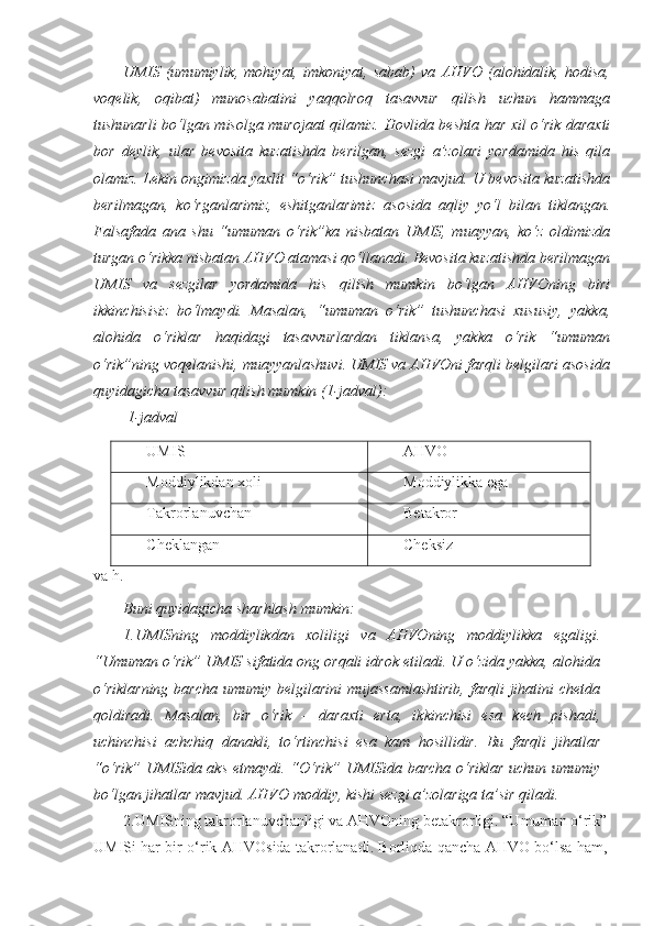 UMIS   (umumiylik,   mohiyat,   imkoniyat,   sabab)   va   AHVO   (alohidalik,   hodisa,
voqelik,   oqibat)   munosabatini   yaqqolroq   tasavvur   qilish   uchun   hammaga
tushunarli bo‘lgan misolga murojaat qilamiz.   Hovlida beshta har xil o‘rik daraxti
bor   deylik,   ular   bevosita   kuzatishda   berilgan,   sezgi   a’zolari   yordamida   his   qila
olamiz. Lekin ongimizda yaxlit “o‘rik” tushunchasi mavjud. U bevosita kuzatishda
berilmagan,   ko‘rganlarimiz,   eshitganlarimiz   asosida   aqliy   yo‘l   bilan   tiklangan.
Falsafada   ana   shu   “umuman   o‘rik”ka   nisbatan   UMIS,   muayyan,   ko‘z   oldimizda
turgan o‘rikka nisbatan AHVO atamasi qo‘llanadi. Bevosita kuzatishda berilmagan
UMIS   va   sezgilar   yordamida   his   qilish   mumkin   bo‘lgan   AHVOning   biri
ikkinchisisiz   bo‘lmaydi.   Masalan,   “umuman   o‘rik”   tushunchasi   xususiy,   yakka,
alohida   o‘riklar   haqidagi   tasavvurlardan   tiklansa,   yakka   o‘rik   “umuman
o‘rik”ning voqelanishi, muayyanlashuvi. UMIS va AHVOni farqli belgilari asosida
quyidagicha tasavvur qilish mumkin (1-jadval):
  1-jadval
UMIS AHVO
Moddiylikdan xoli M oddiylikka ega
T akrorlanuvchan Betakror
Cheklangan Cheksiz
va h.
Buni quyidagicha sharhlash mumkin:
1. UMISning   moddiylikdan   xoliligi   va   AHVOning   moddiylikka   egaligi.
“Umuman o‘rik” UMIS sifatida ong orqali idrok etiladi. U o‘zida yakka, alohida
o‘riklarning  barcha umumiy belgilarini mujassamlashtirib,  farqli jihatini  chetda
qoldiradi.   Masalan,   bir   o‘rik   –   daraxti   erta,   ikkinchisi   esa   kech   pishadi,
uchinchisi   achchiq   danakli,   to‘rtinchisi   esa   kam   hosillidir.   Bu   farqli   jihatlar
“o‘rik” UMISida aks etmaydi. “O‘rik” UMISida barcha o‘riklar uchun umumiy
bo‘lgan jihatlar mavjud. AHVO moddiy, kishi sezgi a’zolariga ta’sir qiladi. 
2.UMISning takrorlanuvchanligi va AHVOning betakrorligi. “Umuman o‘rik”
UMISi har bir o‘rik AHVOsida takrorlanadi. Borliqda qancha AHVO bo‘lsa ham, 