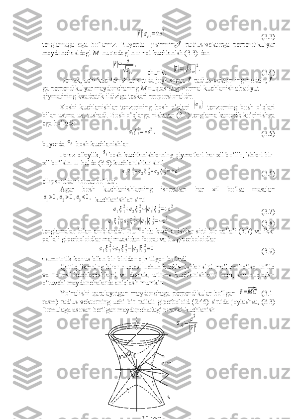 |⃗r|2σrr=±c2                                                       (3.3)
tenglamaga   ega   bo’lamiz.   Buyerda   –jisimning	
⃗r   radius-vektorga   perpendikulyar
maydonchasidagi  M   nuqtadagi normal kuchlanish (3.3) dan	
|⃗r|=	с
√σr^r
,
     chunki   	|⃗r|=(√σrr)
2.                                   (3.4)
Demak, uchi kuchlanishlar sirtida joylashgan 	
⃗r  radius-vektorning moduli, 	⃗r
ga perpendikulyar maydonchaning  M  nuqtasidagi normal kuchlanish absolyut 
qiymatining kvadratik ildiziga teskari proporsionaldir.
Koshi   kuchlanishlar   tenzorining   bosh   o’qlari  	
(σij)   tenzorning   bosh   o’qlari
bilan ustma-ust tushadi. Bosh o’qlarga nisbatan (3.1) tenglama kanonik ko’rinishga
ega bo’ladi:	
σiξi2=±c2,
                                                            (3.5) 
buyerda 	
σi -bosh kuchlanishlar.
Faraz qilaylik, 	
σi bosh kuchlanishlarning qiymatlari har xil bo‘lib, ishlari bir 
xil bo‘lsin. U holda (3.5) kuchlanishlar sirti	
σ1ξ12+σ2ξ22+σ3ξ32=±с2
                                              (3.6)
ellipsoiddan iborat bo‘ladi.
Agar   bosh   kuchlanishlarning   ishoralari   har   xil   bo‘lsa   masalan	
σ1>0,σ2>0,σ3<0,
 kuchlanishlar sirti	
σ1ξ1
2+σ2ξ2
2−|σ3|ξ3
2=+	с2
                                                  (3.7)	
σ1ξ1
2+σ2ξ2
2−|σ3|ξ3
2=−с2
                                                     (3.8)
tenglamalar  bilan  aniqlanadi. Bu  holda  kuchlanishlar   sirti  bir  pallali   (3.7)  va  ikki
pallali giperboloidlar majmuasidan iborat va bu giperboloidlar	
σ1ξ1
2+σ2ξ2
2−|σ3|ξ3
2=0
                                                             (3.9)
asimptotik konus bilan bir-biridan ajratilgan bo‘ladi.
Qattiq jismning biror nuqtasi uchun kuchlanishlar sirti ma’lum bo‘lsa, to‘liq
va   normal   kuchlanishlarni   va   demak,   urinma   kuchlanishlarni   ham,   shu   nuqtadan
o‘tuvchi maydonchalarda aniqlash mumkin.
Yo‘nalishi   qaralayotgan   maydonchaga   perpendikular   bo‘lgan  	
⃗r=⃗МС   (3.1-
rasm)   radius-vektorning   uchi   bir   pallali   giperboloid-(2.46)   sirtida   joylashsa,   (3.3)
formulaga asosan berilgan maydonchadagi normal kuchlanish
                                 	
σ⃗rr=	c2	
|⃗r|2
                 
            gradf  K
                                      c       gradf
                         r M       r
                            
                                      P
r
                              P
r                      
                                                    S
              
                               3.1-rasm..
                                            