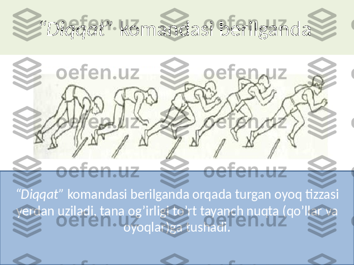 “ D iqqat ”  komandasi berilganda 
“ D iqqat ”  komandasi berilganda orqada turgan oyoq tizzasi 
yerdan uziladi, tana og’irligi to’rt tayanch nuqta (qo’llar   va 
oyoqlar)ga tushadi. 