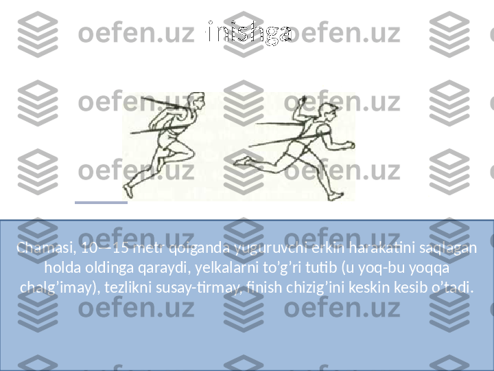 Finishga
Chamasi, 10—15 metr qoiganda yuguruvchi erkin harakatini saqlagan 
holda oldinga qaraydi, yelkalarni to’g’ri tutib (u yoq-bu yoqqa 
chalg’imay), tezlikni susay-tirmay, finish chizig’ini keskin kesib o’tadi. 