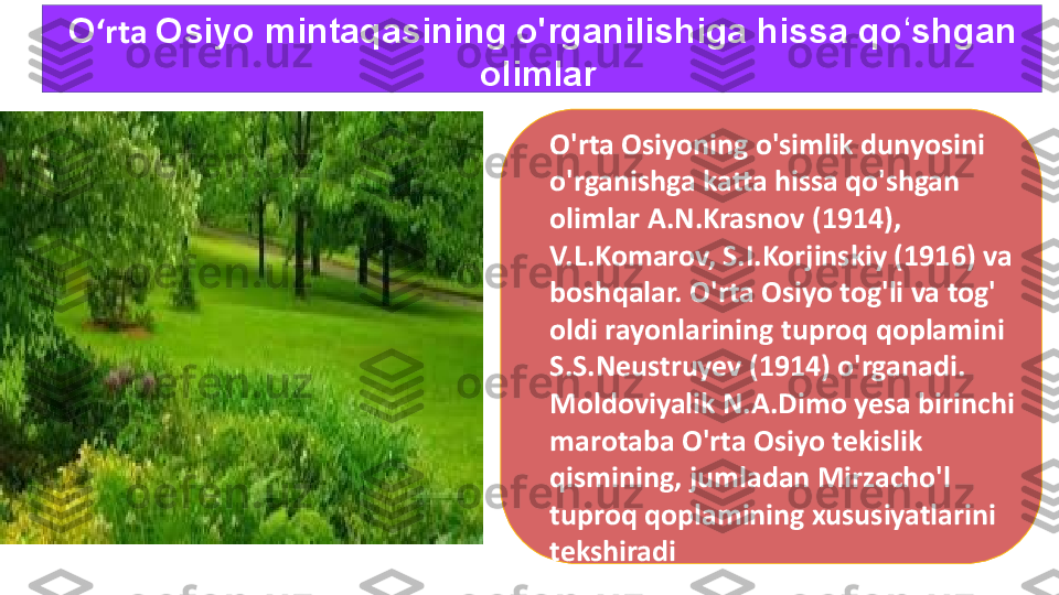 O ʻrta  Osiyo mintaqasining o'rganilishiga hissa qo shgan ʻ
olimlar 
O'rta Osiyoning o'simlik dunyosini 
o'rganishga katta hissa qo'shgan 
olimlar A.N.Krasnov (1914), 
V.L.Komarov, S.I.Korjinskiy (1916) va 
boshqalar. O'rta Osiyo tog'li va tog' 
oldi rayonlarining tuproq qoplamini 
S.S.Neustruyev (1914) o'rganadi. 
Moldoviyalik N.A.Dimo yesa birinchi 
marotaba O'rta Osiyo tekislik 
qismining, jumladan Mirzacho'l 
tuproq qoplamining xususiyatlarini 
tekshiradi  