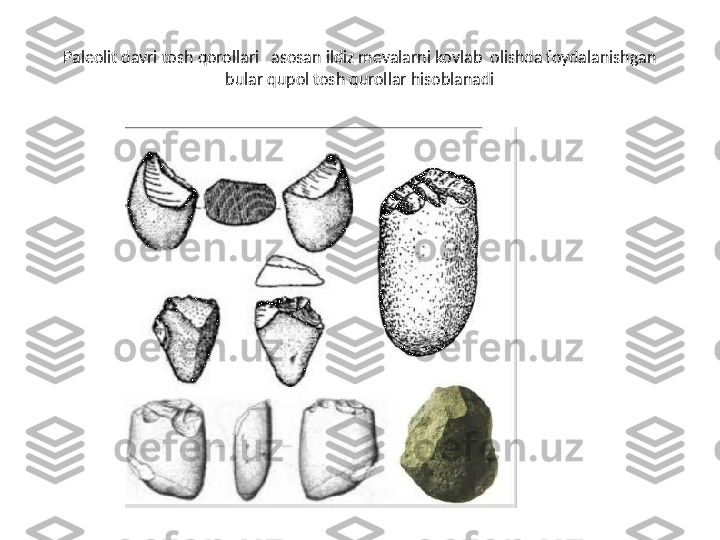 Paleolit davri tosh qorollari   asosan ildiz mevalarni kovlab  olishda foydalanishgan 
bular qupol tosh qurollar hisoblanadi 