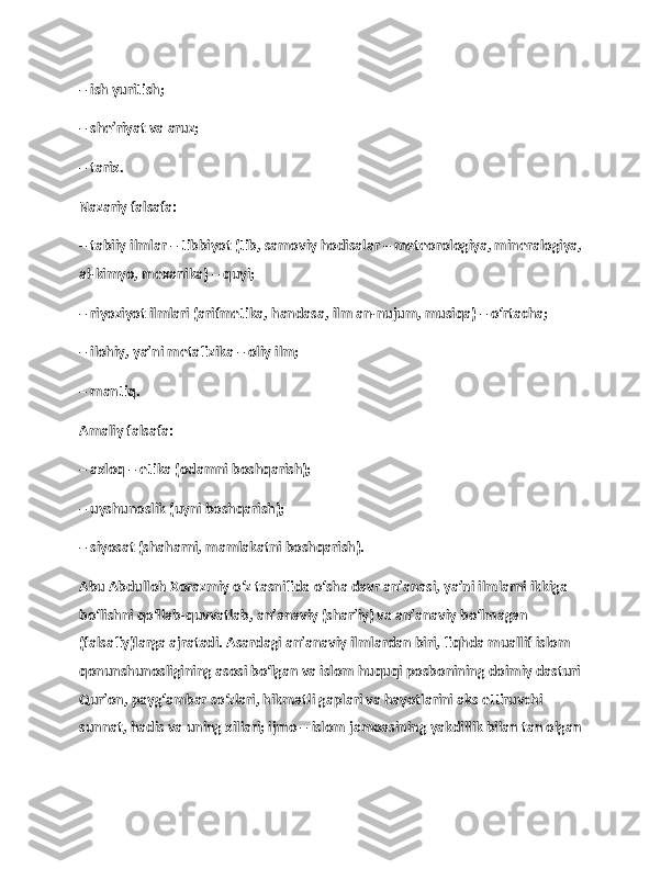                   
– ish yuritish;
– she’riyat va aruz; 
– tarix.
Nazariy falsafa:
– tabiiy ilmlar – tibbiyot (tib, samoviy hodisalar – meteorologiya, mineralogiya, 
al-kimyo, mexanika) – quyi;
– riyoziyot ilmlari (arifmetika, handasa, ilm an-nujum, musiqa) – o‘rtacha;
– ilohiy, ya’ni metafizika – oliy ilm;
– mantiq.
Amaliy falsafa:
– axloq – etika (odamni boshqarish);
– uyshunoslik (uyni boshqarish);
– siyosat (shaharni, mamlakatni boshqarish).
Abu Abdulloh Xorazmiy o‘z tasnifida o‘sha davr an’anasi, ya’ni ilmlarni ikkiga 
bo‘lishni qo‘llab-quvvatlab, an’anaviy (shar’iy) va an’anaviy bo‘lmagan 
(falsafiy)larga ajratadi. Asardagi an’anaviy ilmlardan biri, fiqhda muallif islom 
qonunshunosligining asosi bo‘lgan va islom huquqi posbonining doimiy dasturi 
Qur’on, payg‘ambar so‘zlari, hikmatli gaplari va hayotlarini aks ettiruvchi 
sunnat, hadis va uning xillari; ijmo – islom jamoasining yakdillik bilan tan olgan  