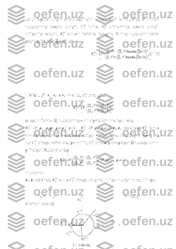 uchun   tayanch   to’g’ri   chiziq   ekanligini   ko’rsatadi.  Γ   ko’pburchak  	D   to’plam
nuqtalarining   qavariq   qobig’i,  	
Γ	j(d)   bo’lsa   D
j	( d)
  to’plamning   qavariq   qobig’I
bo’lganligi   sababli,  	
K	j(d)   konusni   berishda   faqatgina  	D   ning   nuqtalarini   berish
yetarli ya’ni biror 	
~ Q ∈ D
j	( d)
 uchun 	
K	j(d)={P:(Q	,P)=(~Q	,P)barcha	~Q	∈D	j(d)	
(Q	,P)>(~Q	,P)barcha	~Q	∈D	¿j(d)}(1.12	)
1-Misol.  	
f=	x1+x2+x1x2   misolda,  Γ
1	( 1)
 qirra uchun 
K
j	
(d)
=	
{ P :	
( Q
1 , P	) =	( Q
2 , P	)	
(
Q
3 , P	) >	( Q
1 , P	)}
ga ega bo’lamiz.  Q
j  nuqtalarning sonli qiymatlarni hisobga olsak,
K
1	
( 1)
= { P : p
1 = p
2 p
1 + p
2 > p
1 }
  yoki     K
1	( 1)
= { P : p
1 = p
2 > 0 }
  p
1 , p
2   tekislikda   K
1	( 1)
  konus
birinchi kvadratning bissektrisasi  bo’lgan nurdan iborat bo’ladi. (3-1 rasm). Bu
nur  Γ
1	
( 1)
 qirraga perpendikulyar bo’lib,  Γ
1	( 1)
 qirrada yotmaydigan 	Q3 nuqtaga tomon
yo’nalgan. Xuddi shunday 
K
2	
( 1)
=	
{ P :	
( Q
2 , P	) =	( Q
1 , P	)	
(
Q
1 , P	) =	( Q
2 , P	)} =	{ P : p
1 = 0 , p
2 < 0	}
ni topamiz.	
p1,p2
 tekislikda  K
2	( 1)
 konus  Γ
2	( 1)
 qirraga ortogonal bo’lgan nurdan iborat, nihoyat
      ham   nur bo’ladi.(1.1-
chizmani qarang)
17 