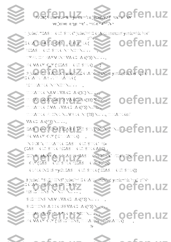 292.4.SQL operatorlari yordamida jadvallarni hosil qilish 
va   jadvallarga   ma’lumotlar   kiritish
1- jadval.   “CASH_REGISTER”   jadvalini   CREATE   operatori   yordamida   hosil  
qilish
CREATE TABLE CASH_REGISTER (
idCASH_REGISTER   INT   NOT   NULL ,  
TYPE_OF_PAYMENT VARCHAR(45) NULL   ,  
PRIMARY   KEY   (idCASH_REGISTER) )
2- jadval.   “THEATER”   jadvalini   CREATE   operatori   yordamida   hosil   qilish
CREATE TABLE THEATER (
idTHEATER   INT   NOT NULL ,
THEATER_NAME VARCHAR(50) NULL   ,  
THEATER_ADDREES VARCHAR(55) NULL   ,  
THEATER_GMAIL VARCHAR(45) NULL   ,  
THEATERPHONE_NUMBER INT(25) NULL,   THEATERcol 
VARCHAR(45) NULL   ,  
CASH_REGISTER_idCASH_REGISTER INT NOT NULL   ,  
PRIMARY   KEY   (idTHEATER) ,
INDEX fk_THEATER_CASH_REGISTER1_idx  
(CASH_REGISTER_idCASH_REGISTER   ASC)   ,
CONSTRAINT fk_THEATER_CASH_REGISTER1   FOREIGN  
KEY   (CASH_REGISTER_idCASH_REGISTER)
REFERENCES   mydb.CASH_REGISTER   (idCASH_REGISTER))
3- jadval.   “SECTIONS”   jadvalini   CREATE   operatori   yordamida   hosil   qilish
CREATE TABLE SECTIONS (
idSECTIONS   INT NOT   NULL   ,
SECTIONS_NAME   VARCHAR(45)   NULL ,  
SECTIONS_ADDRESS VARCHAR(45) NULL   ,  
THEATER_idTHEATER   INT   NOT NULL   ,
PRIMARY   KEY   (idSECTIONS,   THEATER_idTHEATER) , 