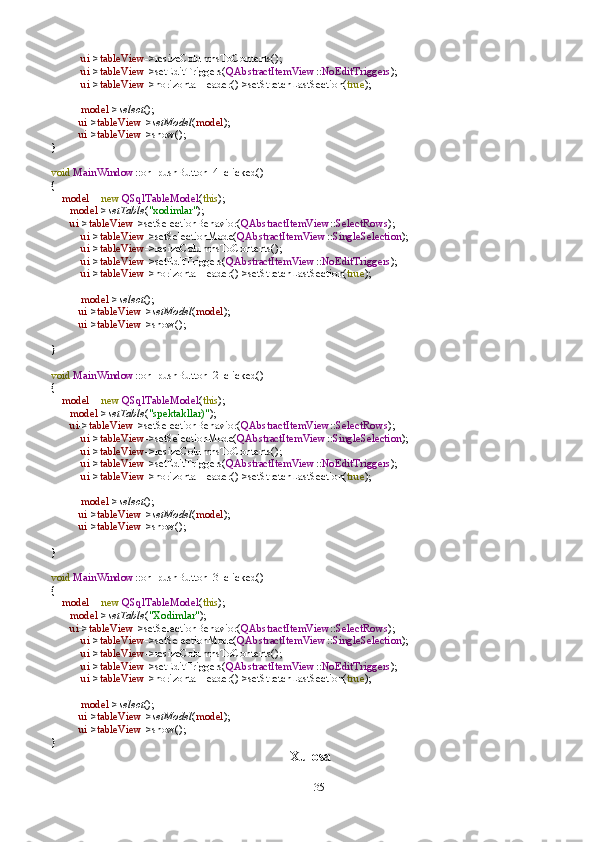 35            ui -> tableView ->resizeColumnsToContents();
            ui -> tableView ->setEditTriggers( QAbstractItemView :: NoEditTriggers );
            ui -> tableView ->horizontalHeader()->setStretchLastSection( true );
            model -> select ();
           ui -> tableView -> setModel ( model );
           ui -> tableView ->show();
}
void   MainWindow ::on_pushButton_4_clicked()
{
     model   =   new   QSqlTableModel ( this );
        model -> setTable ( "xodimlar" );
        ui -> tableView ->setSelectionBehavior( QAbstractItemView :: SelectRows );
            ui -> tableView ->setSelectionMode( QAbstractItemView :: SingleSelection );
            ui -> tableView ->resizeColumnsToContents();
            ui -> tableView ->setEditTriggers( QAbstractItemView :: NoEditTriggers );
            ui -> tableView ->horizontalHeader()->setStretchLastSection( true );
            model -> select ();
           ui -> tableView -> setModel ( model );
           ui -> tableView ->show();
}
void   MainWindow ::on_pushButton_2_clicked()
{
     model   =   new   QSqlTableModel ( this );
        model -> setTable ( "spektakllar)" );
        ui -> tableView ->setSelectionBehavior( QAbstractItemView :: SelectRows );
            ui -> tableView ->setSelectionMode( QAbstractItemView :: SingleSelection );
            ui -> tableView ->resizeColumnsToContents();
            ui -> tableView ->setEditTriggers( QAbstractItemView :: NoEditTriggers );
            ui -> tableView ->horizontalHeader()->setStretchLastSection( true );
            model -> select ();
           ui -> tableView -> setModel ( model );
           ui -> tableView ->show();
}
void   MainWindow ::on_pushButton_3_clicked()
{
     model   =   new   QSqlTableModel ( this );
        model -> setTable ( "Xodimlar" );
        ui -> tableView ->setSelectionBehavior( QAbstractItemView :: SelectRows );
            ui -> tableView ->setSelectionMode( QAbstractItemView :: SingleSelection );
            ui -> tableView ->resizeColumnsToContents();
            ui -> tableView ->setEditTriggers( QAbstractItemView :: NoEditTriggers );
            ui -> tableView ->horizontalHeader()->setStretchLastSection( true );
            model -> select ();
           ui -> tableView -> setModel ( model );
           ui -> tableView ->show();
}
Xulosa 