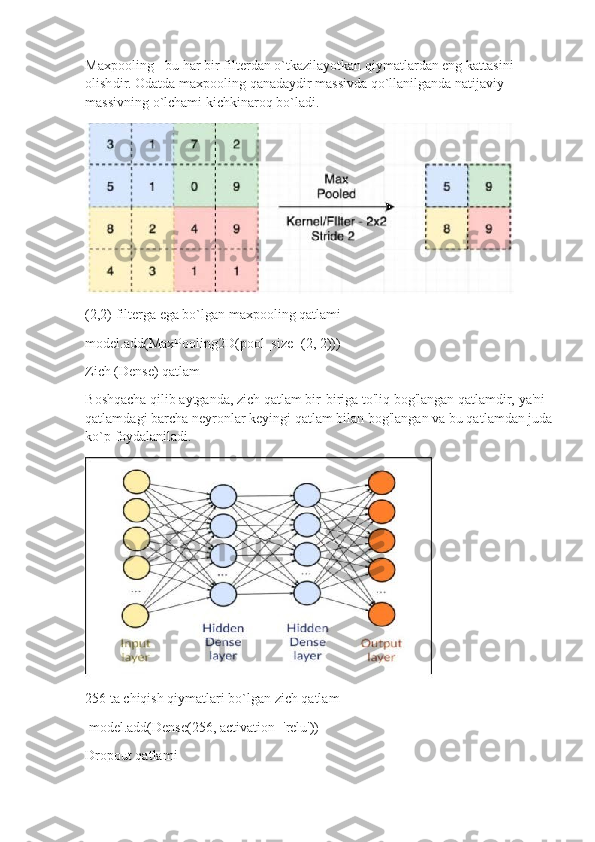 Maxp o oli n g   -  b u   har  bi r  fi lte r dan   o`tka z il a y otkan  q iy m atlar d a n   e n g katta s i n i
o l i sh di r.  O datda  m axpoo l ing   qan a da y dir  m a ss i v da  q o`llan ilga nda n a tij a viy 
m assivning   o ` l c ha m i   ki chk i na r o q   b o ` la d i .
( 2 , 2)   fi lt e rga  e ga   b o `lg a n  m axpooling qa t l a m i
m odel.add(M a x P ool i ng2D ( po o l_size= ( 2, 2)))
Z i ch   (D e nse) q at lam
B o shqa c ha   qi l i b  a y tga n da,   zi c h   q a t lam   b i r-b i r i ga  t o'l i q bog'l an g a n  q at la m di r,  y a ' n i 
q a t la m d a g i  b a r c h a n e y r onl ar   ke y in gi  q a t l a m   b i lan b o g'langan va bu   q a t l a m d an   j u d a
ko ` p   f o y dal a nil a d i .
2 56   ta  c h iqish   q i y m atla r i bo`lg a n  z ich   q a tl a m
m odel. ad d(Dense ( 25 6 , ac t i vat i o n = ' re l u'))
Dro p out   qa t la m i 