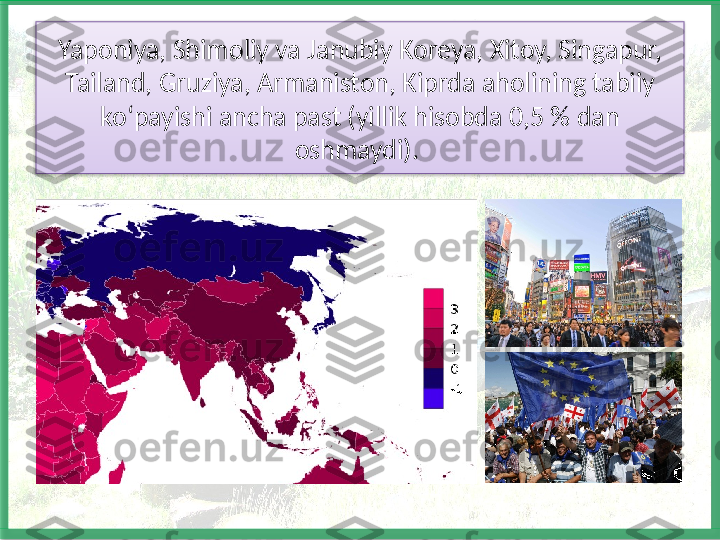 Yaponiya, Shimoliy va Janubiy Koreya, Xitoy, Singapur, 
Tailand, Gruziya, Armanis ton, Kiprda aholining tabiiy 
ko‘payishi ancha past (yillik hisobda 0,5 % dan 
oshmaydi).    