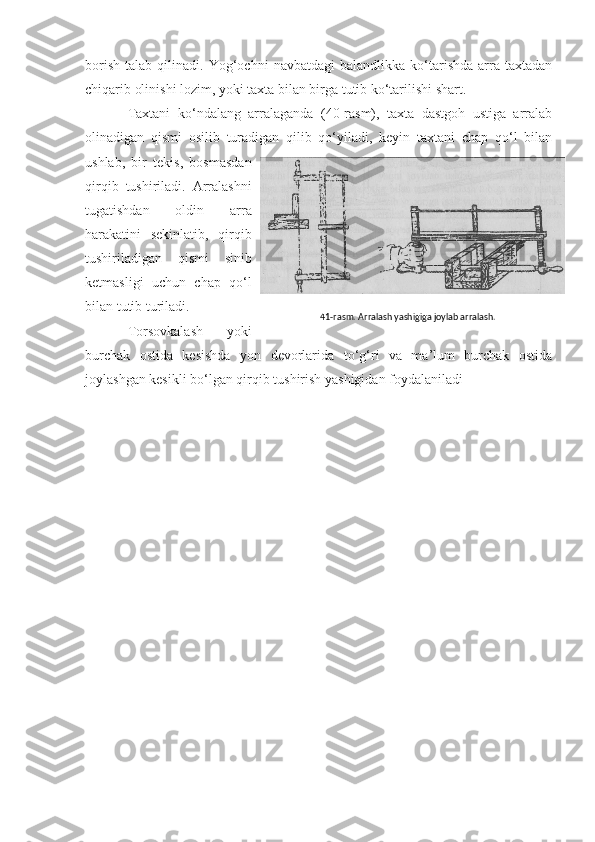 borish   talab   qilinadi.  Yog‘ochni   navbatdagi   balandlikka   ko‘tarishda   arra  taxtadan
chiqarib olinishi lozim, yoki taxta bilan birga tutib ko‘tarilishi shart. 
Taxtani   ko‘ndalang   arralaganda   (40-rasm),   taxta   dastgoh   ustiga   arralab
olinadigan   qismi   osilib   turadigan   qilib   qo‘yiladi,   keyin   taxtani   chap   qo‘l   bilan
ushlab,   bir   tekis,   bosmasdan
qirqib   tushiriladi.   Arralashni
tugatishdan   oldin   arra
harakatini   sekinlatib,   qirqib
tushiriladigan   qismi   sinib
ketmasligi   uchun   chap   qo‘l
bilan tutib turiladi. 
Torsovkalash   yoki
burchak   ostida   kesishda   yon   devorlarida   to‘g‘ri   va   ma’lum   burchak   ostida
joylashgan kesikli bo‘lgan qirqib tushirish yashigidan foydalaniladi 41-rasm. Arralash yashigiga joylab arralash. 