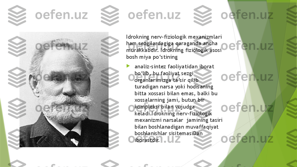 Idrokning nerv-fiziologik mexanizmlari 
ham sezgilardagiga qaraganda ancha 
murakkabdir. Idrokning fiziologik asosi 
bosh miya po‘stining

analiz-sintez faoliyatidan iborat 
bo‘lib, bu faoliyat sezgi 
organlarimizga ta’sir qilib 
turadigan narsa yoki hodisaning 
bitta xossasi bilan emas, balki bu 
xossalarning jami, butun bir 
kompleksi bilan vujudga 
keladi.Idrokning nerv-fiziologik 
mexanizmi narsalar  jamining tasiri 
bilan boshlanadigan muvaffaqiyat 
boshlanishlar sisitemasiDan 
iborastdir.                 