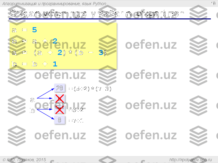 Алгоритмизация и программирование, язык  Python
  К.Ю. Поляков, 2015  http://kpolyakov.spb.ruO'zgaruvchining qiymatlarini o'zgartirish 18
a =  5
b = a +  2
a = (a +  2 )*(b –  3 )
b = b +  1
a 5
b = 5+2728
= (5+2)*(7-3)
= 7+18      