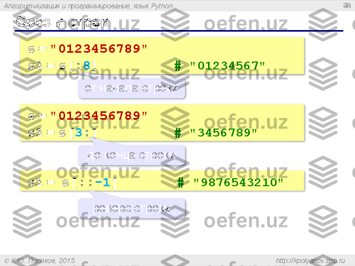 Алгоритмизация и программирование, язык  Python
  К.Ю. Поляков, 2015  http://kpolyakov.spb.ruСрезы строк 39
s   =   "0123456789"
s1   =   s[: 8 ]          #   "01234567" 
от начала строки
s   =   "0123456789"
s1   =   s[ 3 :]          #   "34567 89 " 
до конца строки
s 1   =    s[: : -1 ]        #   "9876543210" 
реверс строки       