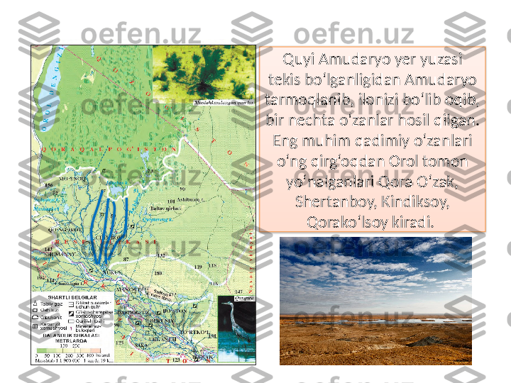 Quyi Amudaryo yer yuzasi 
tekis bo‘lganligidan Amudaryo 
tarmoqlanib, ilonizi bo‘lib oqib, 
bir nechta o‘zanlar hosil qilgan. 
Eng muhim qadimiy o‘zanlari 
o‘ng qirg‘oqdan Orol tomon 
yo‘nalganlari Qora O‘zak, 
Shertanboy, Kindiksoy, 
Qorako‘lsoy kiradi.       