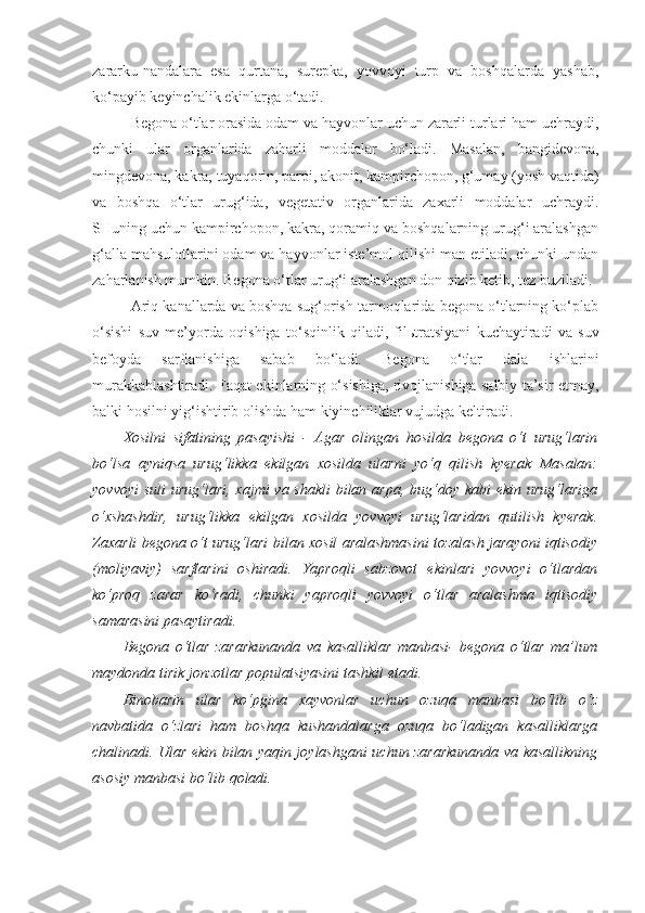 zararku - nandalara   esa   q u rtana,   surepka,   yovvoyi   turp   va   boshqalarda   yashab,
ko‘payib keyinchalik ekinlarga o‘tadi.
Begona o‘tlar orasida odam va hayvonlar uchun zararli turlari ham uchraydi,
chunki   ular   organlarida   zaharli   moddalar   bo‘ladi.   Masalan,   bangidevona,
mingdevona, kakra, tuyaqorin, parpi, akonit, kampirchopon, g‘umay (yosh vaqtida)
va   boshqa   o‘tlar   urug‘ida,   vegetativ   organlarida   zaxarli   moddalar   uchraydi.
SHuning uchun kampirchopon, kakra, qoramiq va boshqalarning urug‘i aralashgan
g‘alla mahsulotlarini odam va hayvonlar iste’mol qilishi man etiladi, chunki undan
zaharlanish mumkin. Begona o‘tlar urug‘i aralashgan don qizib ketib, tez b u ziladi.
Ariq kanallarda va boshqa sug‘orish tarmoqlarida begona o‘tlarning ko‘plab
o‘sishi   suv   me’yor da   oqishiga   to‘sqinlik   qiladi,   fil ь tratsiyani   kuchaytiradi   va   suv
befoyda   sarflanishiga   sabab   bo‘ladi.   Begona   o‘tlar   dala   ishlarini
murakkablashtiradi. Fa q at ekinlarning o‘sishiga, rivojlanishiga salbiy ta’sir etmay,
balki hosilni yig‘ishtirib olishda  h am kiyinchiliklar vujudga keltiradi. 
Xosilni   sifatining   pasayishi   -   Agar   olingan   hosilda   begona   o‘t   urug‘larin
bo‘lsa   ayniqsa   urug‘likka   ekilgan   xosilda   ularni   yo‘q   qilish   kyerak   Masalan:
yovvoyi  suli  urug‘lari, xajmi va shakli  bilan arpa, bug‘doy kabi  ekin urug‘lariga
o‘xshashdir,   urug‘likka   ekilgan   xosilda   yovvoyi   urug‘laridan   qutilish   kyerak.
Zaxarli begona o‘t urug‘lari bilan xosil aralashmasini tozalash jarayoni iqtisodiy
(moliyaviy)   sarflarini   oshiradi.   Yaproqli   sabzovot   ekinlari   yovvoyi   o‘tlardan
ko‘proq   zarar   ko‘radi,   chunki   yaproqli   yovvoyi   o‘tlar   aralashma   iqtisodiy
samarasini pasaytiradi.
Begona   o‘tlar   zararkunanda   va   kasalliklar   manbasi-   begona   o‘tlar   ma’lum
maydonda tirik jonzotlar populatsiyasini tashkil etadi.
Binobarin   ular   ko‘pgina   xayvonlar   uchun   ozuqa   manbasi   bo‘lib   o‘z
navbatida   o‘zlari   ham   boshqa   kushandalarga   ozuqa   bo‘ladigan   kasalliklarga
chalinadi. Ular ekin bilan yaqin joylashgani uchun zararkunanda va kasallikning
asosiy manbasi bo‘lib qoladi. 