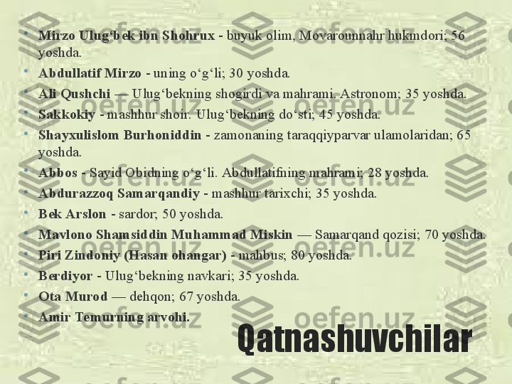 Qatnashuvchilar •
Mirzo Ulug‘bek ibn Shohrux  - buyuk olim, Movarounnahr hukmdori; 56 
yoshda.
•
Abdullatif Mirzo  - uning o‘g‘li; 30 yoshda.
•
Ali Qushchi  — Ulug‘bekning shogirdi va mahrami. Astronom; 35 yoshda.
•
Sakkokiy  - mashhur shoir. Ulug‘bekning do‘sti; 45 yoshda. 
•
Shayxulislom Burhoniddin  - zamonaning taraqqiyparvar ulamolaridan; 65 
yoshda.
•
Abbos  - Sayid Obidning o‘g‘li. Abdullatifning mahrami; 28 yoshda. 
•
Abdurazzoq Samarqandiy  - mashhur tarixchi; 35 yoshda. 
•
Bek Arslon  - sardor; 50 yoshda.
•
Mavlono Shamsiddin Muhammad Miskin  — Samarqand qozisi; 70 yoshda.
•
Piri Zindoniy (Hasan ohangar)  - mahbus; 80 yoshda.
•
Berdiyor  - Ulug‘bekning navkari; 35 yoshda.
•
Ota Murod  — dehqon; 67 yoshda.
•
Amir Temurning arvohi. 