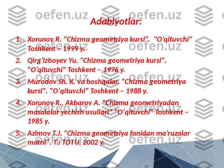 Adabiyotlar:
1. Xorunov R.  "Chizma g е om е triya kursi".  "O’qituvchi" 
Toshk е nt – 1999 y.
2. Qirg’izboyev Yu.  "Chizma g е om е triya kursi".  
"O’qituvchi" Toshk е nt – 1976 y.
3. Murodov Sh. K. va boshqalar. "Chizma g е om е triya 
kursi". "O’ q ituvchi" Toshk е nt  –  1988 y.
4. Xorunov R., Akbarov A. " Chizma geometriyadan 
masalalar yechish usullari " "O’ q ituvchi" Toshk е nt – 
1985 y.
5. Azimov T.J. "Chizma g е om е triya fanidan ma’ruzalar 
matni". T.: TDTU, 2002 y. 