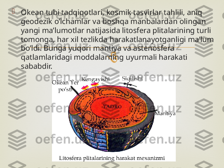 
Okean tubi tadqiqotlari, kosmik tasvirlar tahlili, aniq 
geodezik o’lchamlar va boshqa manbalardan olingan 
yangi ma’lumotlar natijasida litosfera plitalarining turli 
tomonga, har xil tezlikda harakatlanayotganligi ma’lum 
bo’ldi. Bunga yuqori mantiya va astenosfera 
qatlamlaridagi moddalarning uyurmali harakati 
sababdir. 