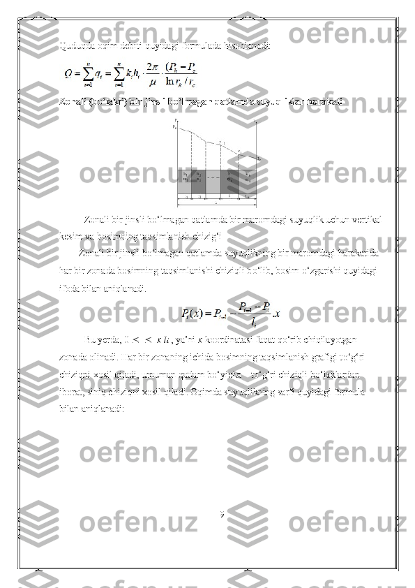 Quduqda oqim debiti quyidagi formulada hisoblanadi:
Zonali (b о ‘lakli) bir jinsli b о ‘lmagan qatlamda suyuqliklar harakati
Zonali bir jinsli b о ‘lmagan qatlamda bir maromdagi suyuqlik uchun vertikal
kesim va bosimning taqsimlanish chizig‘i
        Zonali bir jinsli b о ‘lmagan qatlamda suyuqlikning bir maromdagi harakatida 
har bir   zonada bosimning taqsimlanishi chiziqli b о ‘lib, bosim  о ‘zgarishi quyidagi 
ifoda bilan   aniqlanadi.
Bu yerda, 0      x l i  , ya’ni  x  koordinatasi faqat q о ‘rib chiqilayotgan 
zonada olinadi. Har   bir zonaning ichida bosimning taqsimlanish grafigi t о ‘g‘ri 
chiziqni xosil qiladi, umuman   qatlam b о ‘yicha – t о ‘g‘ri chiziqli b о ‘laklardan 
iborat, siniq chiziqni xosil qiladi.   Oqimda suyuqlikning sarfi quyidagi formula 
bilan aniqlanadi:
9 