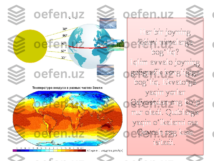 Har bir joyning 
iqlimi nimalarga 
bog‘liq?
Iqlim avvalo joyning 
geografik kengligiga 
bog‘liq. Ekvatorga 
yaqin yerlar 
Quyoshdan eng ko‘p 
nur oladi. Qutblarga 
yaqin o‘lkalarni esa 
Quyosh eng kam 
isitadi.   