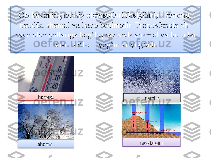 Ob-havoning asosiy elementlari (belgilari) – harorat, 
namlik, shamol va havo bosimidir. Troposferada ob-
havo elementlariga bog‘liq ravishda shamol va bulutlar 
hosil bo‘ladi, yog‘inlar yog‘adi.
harorat
namlik
shamol havo bosimi      