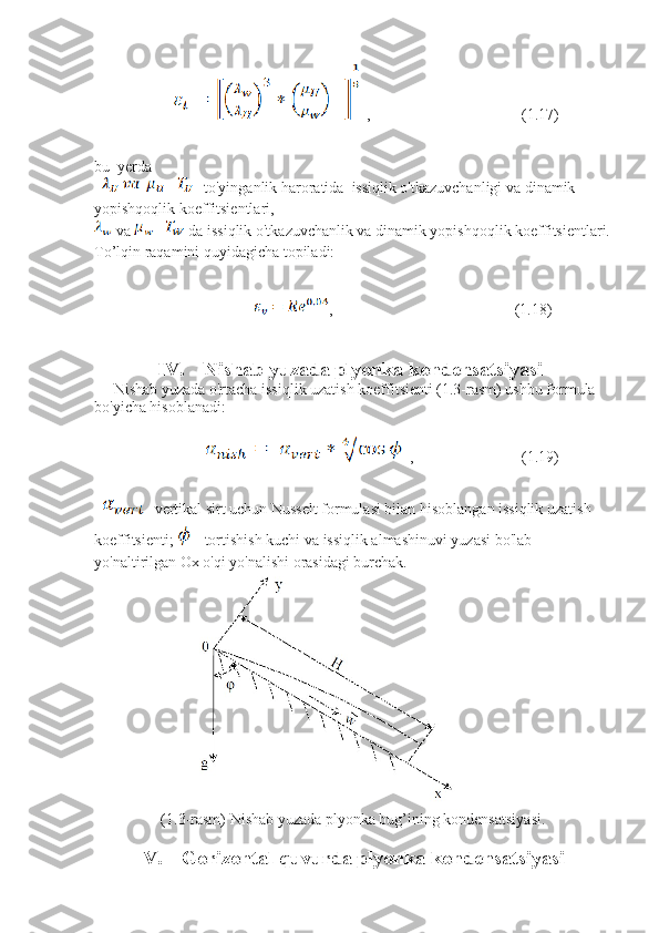   ,                                       (1.17)
bu  yerda
    -  to'yinganlik haroratida  issiqlik o'tkazuvchanligi va dinamik 
yopishqoqlik koeffitsientlari, 
 va   -  da issiqlik o'tkazuvchanlik va dinamik yopishqoqlik koeffitsientlari.
To’lqin raqamini quyidagicha topiladi:
,                                               (1.18)
IV. Nishab yuzada plyonka kondensatsiyasi
     Nishab yuzada o'rtacha issiqlik uzatish koeffitsienti (1.3-rasm) ushbu formula 
bo'yicha hisoblanadi:
  ,                            (1.19)
  - vertikal sirt uchun Nusselt formulasi bilan hisoblangan issiqlik uzatish 
koeffitsienti;   - tortishish kuchi va issiqlik almashinuvi yuzasi bo'lab 
yo'naltirilgan Ox o'qi yo'nalishi orasidagi burchak. 
(1.3-rasm) Nishab yuzada plyonka bug’ining kondensatsiyasi.
V. Gorizontal quvurda plyonka kondensatsiyasi 