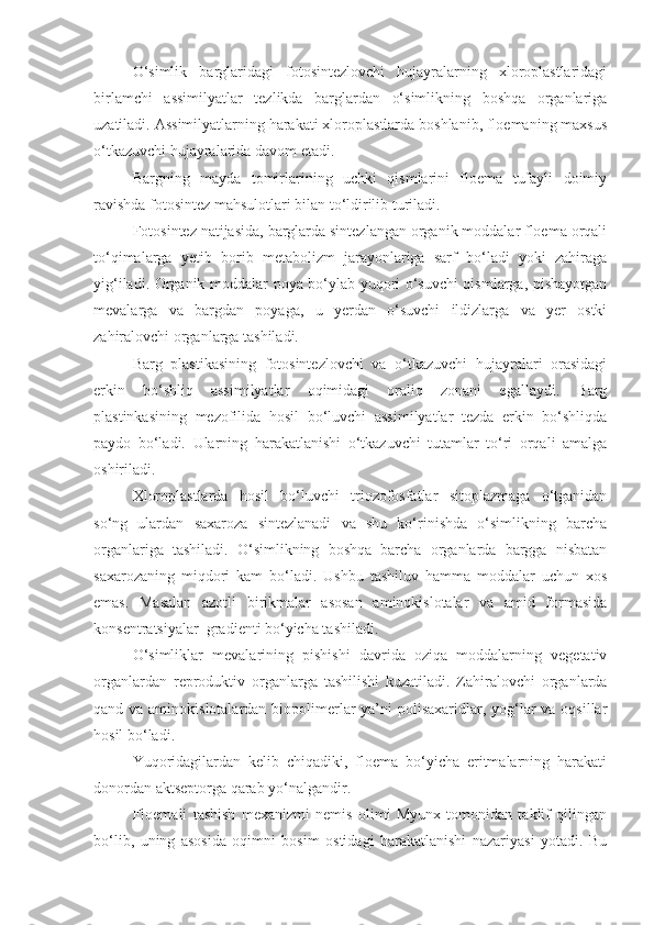 O‘simlik   barglaridagi   fotosintezlovchi   hujayralarning   xloroplastlaridagi
birlamchi   assimilyatlar   tezlikda   barglardan   o‘simlikning   boshqa   organlariga
uzatiladi. Assimilyatlarning harakati xloroplastlarda boshlanib, floemaning maxsus
o‘tkazuvchi hujayralarida davom etadi.
Bargning   mayda   tomirlarining   uchki   qismlarini   floema   tufayli   doimiy
ravishda fotosintez mahsulotlari bilan to‘ldirilib turiladi.
Fotosintez natijasida, barglarda sintezlangan organik moddalar floema orqali
to‘qimalarga   yetib   borib   metabolizm   jarayonlariga   sarf   bo‘ladi   yoki   zahiraga
yig‘iladi. Organik moddalar poya bo‘ylab yuqori o‘suvchi qismlarga, pishayotgan
mevalarga   va   bargdan   poyaga,   u   yerdan   o‘suvchi   ildizlarga   va   yer   ostki
zahiralovchi organlarga tashiladi.
Barg   plastikasining   fotosintezlovchi   va   o‘tkazuvchi   hujayralari   orasidagi
erkin   bo‘shliq   assimilyatlar   oqimidagi   oraliq   zonani   egallaydi.   Barg
plastinkasining   mezofilida   hosil   bo‘luvchi   assimilyatlar   tezda   erkin   bo‘shliqda
paydo   bo‘ladi.   Ularning   harakatlanishi   o‘tkazuvchi   tutamlar   to‘ri   orqali   amalga
oshiriladi.
Xloroplastlarda   hosil   bo‘luvchi   triozofosfatlar   sitoplazmaga   o‘tganidan
so‘ng   ulardan   saxaroza   sintezlanadi   va   shu   ko‘rinishda   o‘simlikning   barcha
organlariga   tashiladi.   O‘simlikning   boshqa   barcha   organlarda   bargga   nisbatan
saxarozaning   miqdori   kam   bo‘ladi.   Ushbu   tashiluv   hamma   moddalar   uchun   xos
emas.   Masalan   azotli   birikmalar   asosan   aminokislotalar   va   amid   formasida
konsentratsiyalar  gradienti bo‘yicha tashiladi.
O‘simliklar   mevalarining   pishishi   davrida   oziqa   moddalarning   vegetativ
organlardan   reproduktiv   organlarga   tashilishi   kuzatiladi.   Zahiralovchi   organlarda
qand va aminokislotalardan biopolimerlar ya’ni  polisaxaridlar, yog‘lar  va oqsillar
hosil bo‘ladi.
Yuqoridagilardan   kelib   chiqadiki,   floema   bo‘yicha   eritmalarning   harakati
donordan aktseptorga qarab yo‘nalgandir.
Floemali   tashish   mexanizmi   nemis   olimi   Myunx   tomonidan   taklif   qilingan
bo‘lib,   uning   asosida   oqimni   bosim   ostidagi   harakatlanishi   nazariyasi   yotadi.   Bu 