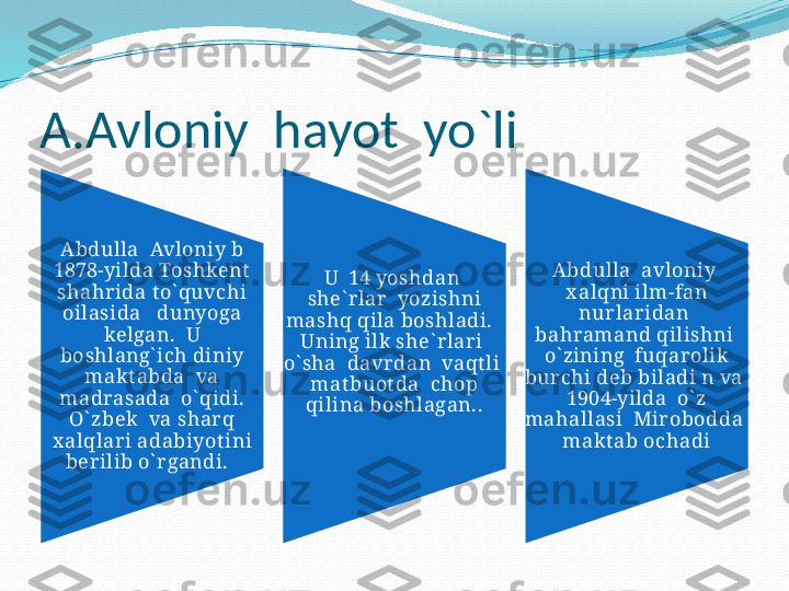 A.Avloniy  hayot  yo`li
Abdulla  Avloniy b 
1878-yilda Toshkent  
shahrida t o` quvchi 
oilasida   dunyoga 
kelgan.  U 
boshlang` ich diniy 
makt abda  va 
madrasada  o` qidi. 
O` zbek  va sharq 
x alqlari adabiyot ini 
berilib o` rgandi.   U  14 yoshdan  
she` rlar  yozishni 
mashq qila boshladi.   
Uning ilk she` rlari  
o` sha  davrdan  vaqt li  
mat buot da  chop 
qilina boshlagan.. Abdulla  avloniy  
x alqni ilm-fan 
nurlaridan  
bahramand qilishni  
o` zining  fuqarolik 
burchi deb biladi n va  
1904-yilda  o` z 
mahallasi  Mirobodda  
makt ab ochadi 