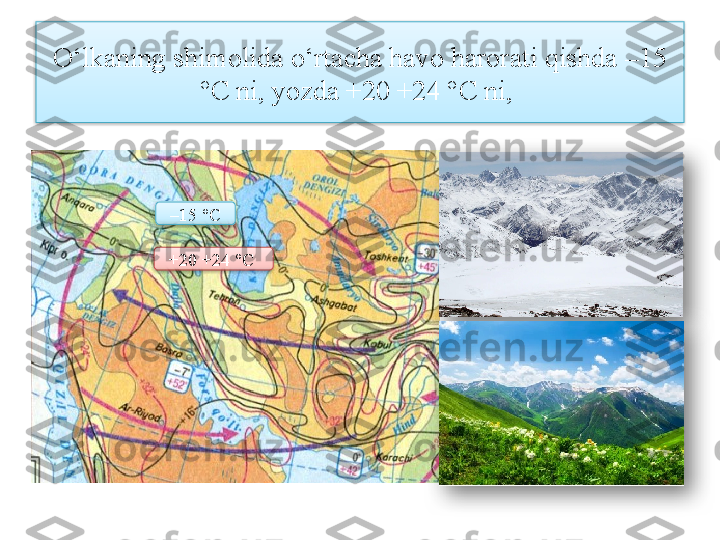 O‘lkaning shimolida o‘rtacha havo harorati qishda –15 
°C ni, yozda +20 +24 °C ni, 
– 15 °C
+20 +24 °C       