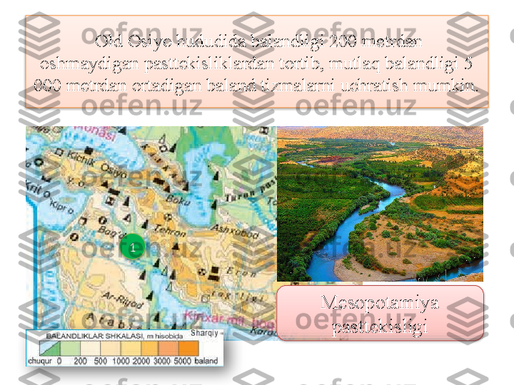   Old Osiyo hududida balandligi 200 metrdan
oshmaydigan pasttekisliklardan tortib, mutlaq balandligi 5 
000 metrdan ortadigan baland tizmalarni uchratish mumkin.
1
Mesopotamiya 
pasttekisligi     