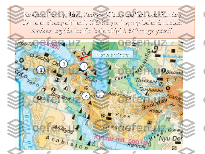 Kavkaz, Pontiy, Tavr, Zagros, Elburs tog‘lari ana shunday 
tizmalar sirasiga kiradi. Old Osiyoning eng baland nuqtasi 
Kavkaz tog‘ida bo‘lib, balandligi 5 642 m ga yetadi.
2
5
43 1 Elbrus cho‘qqisi    