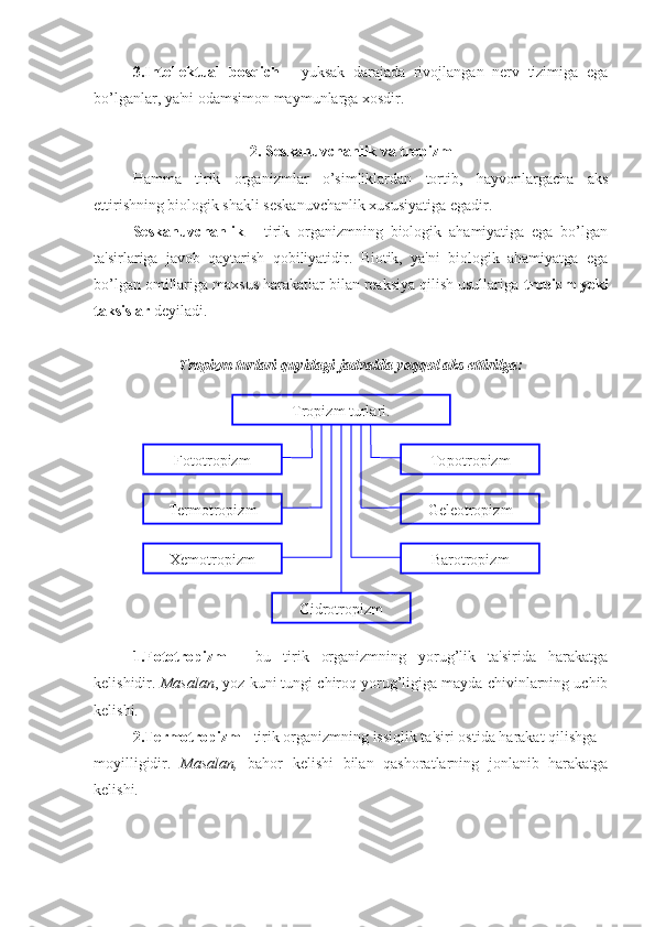 3.Intellektual   bosqich   -   yuksak   darajada   rivojlangan   nerv   tizimiga   ega
bo’lganlar, ya'ni odamsimon maymunlarga xosdir.
2. Seskanuvchanlik va tropizm
Hamma   tirik   organizmlar   o’simliklardan   tortib,   hayvonlargacha   aks
ettirishning biologik shakli seskanuvchanlik xususiyatiga egadir. 
Seskanuvchanlik   -   tirik   organizmning   biologik   ahamiyatiga   ega   bo’lgan
ta'sirlariga   javob   qaytarish   qobiliyatidir.   Biotik,   ya'ni   biologik   ahamiyatga   ega
bo’lgan omillariga maxsus harakatlar bilan reaksiya qilish usullariga  tropizm yoki
taksislar  deyiladi.
Tropizm turlari quyidagi jadvalda yaqqol aks ettirilga:
1.Fototropizm   -   bu   tirik   organizmning   yorug’lik   ta'sirida   harakatga
kelishidir.  Masalan , yoz kuni tungi chiroq yorug’ligiga mayda chivinlarning uchib
kelishi.
2.Termotropizm  - tirik organizmning issiqlik ta'siri ostida harakat qilishga 
moyilligidir.   Masalan,   bahor   kelishi   bilan   qashoratlarning   jonlanib   harakatga
kelishi. Tropizm turlari.
Fototropizm
Termotropizm
Xemotropizm
Gidrotropizm Topotropizm
Geleotropizm
Barotropizm 