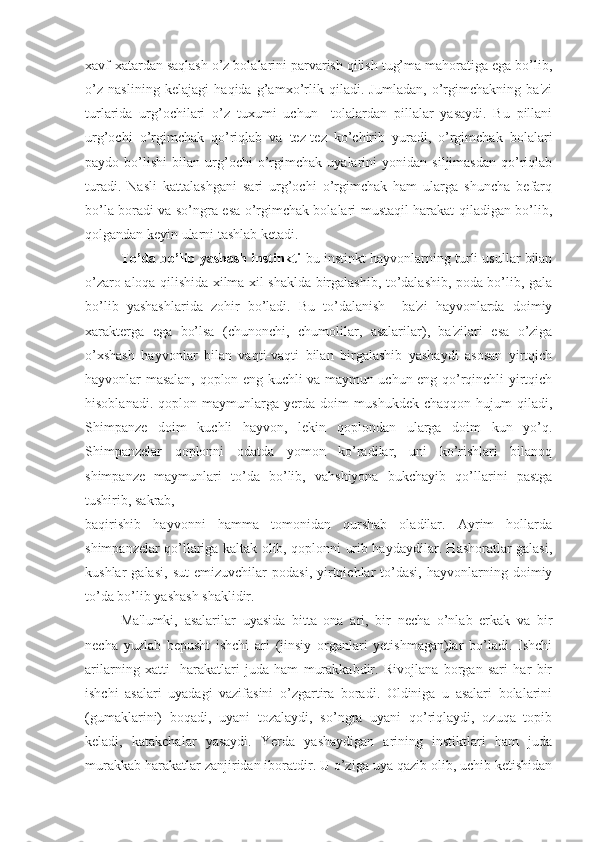 xavf-xatardan saqlash o’z bolalarini parvarish qilish tug’ma mahoratiga ega bo’lib,
o’z   naslining   kelajagi   haqida   g’amxo’rlik   qiladi.   Jumladan,   o’rgimchakning   ba'zi
turlarida   urg’ochilari   o’z   tuxumi   uchun     tolalardan   pillalar   yasaydi.   Bu   pillani
urg’ochi   o’rgimchak   qo’riqlab   va   tez-tez   ko’chirib   yuradi,   o’rgimchak   bolalari
paydo   bo’lishi   bilan   urg’ochi   o’rgimchak   uyalarini   yonidan   siljimasdan   qo’riqlab
turadi.   Nasli   kattalashgani   sari   urg’ochi   o’rgimchak   ham   ularga   shuncha   befarq
bo’la boradi va so’ngra esa o’rgimchak bolalari mustaqil harakat qiladigan bo’lib,
qolgandan keyin ularni tashlab ketadi. 
To’da bo’lib yashash instinkti- bu instinkt hayvonlarning turli usullar bilan
o’zaro aloqa qilishida xilma-xil shaklda birgalashib, to’dalashib, poda bo’lib, gala
bo’lib   yashashlarida   zohir   bo’ladi.   Bu   to’dalanish     ba'zi   hayvonlarda   doimiy
xarakterga   ega   bo’lsa   (chunonchi,   chumolilar,   asalarilar),   ba'zilari   esa   o’ziga
o’xshash   hayvonlar   bilan   vaqti-vaqti   bilan   birgalashib   yashaydi   asosan   yirtqich
hayvonlar masalan, qoplon eng kuchli va maymun uchun eng qo’rqinchli yirtqich
hisoblanadi.   qoplon   maymunlarga   yerda   doim   mushukdek   chaqqon   hujum   qiladi,
Shimpanze   doim   kuchli   hayvon,   lekin   qoplondan   ularga   doim   kun   yo’q.
Shimpanzelar   qoplonni   odatda   yomon   ko’radilar,   uni   ko’rishlari   bilanoq
shimpanze   maymunlari   to’da   bo’lib,   vahshiyona   bukchayib   qo’llarini   pastga
tushirib, sakrab, 
baqirishib   hayvonni   hamma   tomonidan   qurshab   oladilar.   Ayrim   hollarda
shimpanzelar qo’llariga kaltak olib, qoplonni urib haydaydilar. Hashoratlar galasi,
kushlar   galasi,   sut   emizuvchilar   podasi,   yirtqichlar   to’dasi,   hayvonlarning   doimiy
to’da bo’lib yashash shaklidir.
Ma'lumki,   asalarilar   uyasida   bitta   ona   ari,   bir   necha   o’nlab   erkak   va   bir
necha   yuzlab   bepusht   ishchi   ari   (jinsiy   organlari   yetishmagan)lar   bo’ladi.   Ishchi
arilarning   xatti   -harakatlari   juda   ham   murakkabdir.   Rivojlana   borgan   sari   har   bir
ishchi   asalari   uyadagi   vazifasini   o’zgartira   boradi.   Oldiniga   u   asalari   bolalarini
(gumaklarini)   boqadi,   uyani   tozalaydi,   so’ngra   uyani   qo’riqlaydi,   ozuqa   topib
keladi,   katakchalar   yasaydi.   Yerda   yashaydigan   arining   instiktlari   ham   juda
murakkab harakatlar zanjiridan iboratdir. U o’ziga uya qazib olib, uchib ketishidan 