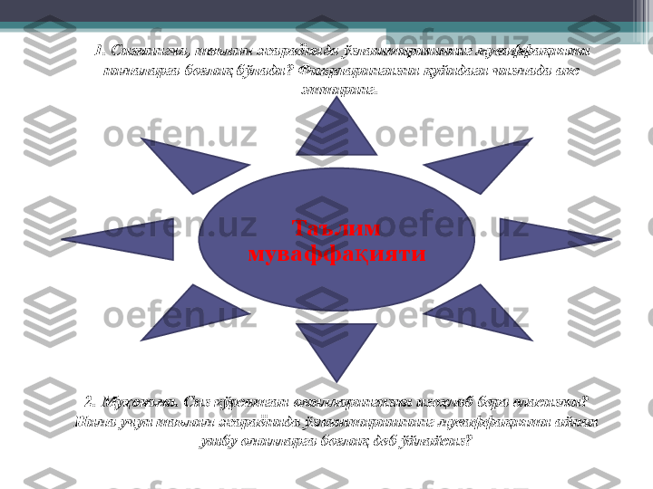 Таълим
муваффа иятиқ1. Сизнингча, таълим жараёнида ўзлаштиришнинг муваффақияти 
нималарга боғлиқ бўлади? Фикрларингизни қуйидаги чизмада акс 
эттиринг. 
2. Муҳ окама. Сиз кўрсатган омилларингизни изоҳлаб бера оласизми?
Нима учун таълим жараёнида ўзлаштиришнинг муваффақияти айнан 
ушбу омилларга боғлиқ деб ўйлайсиз?         