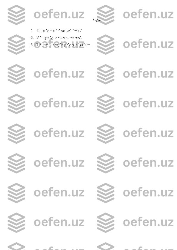                                                                  Reja:  
1. Buddizm dini va ta’limoti 
2. Milliy dinlar tushunchasi.  
3. 3.   Hinduizm, jaynizm, sikxizm. 