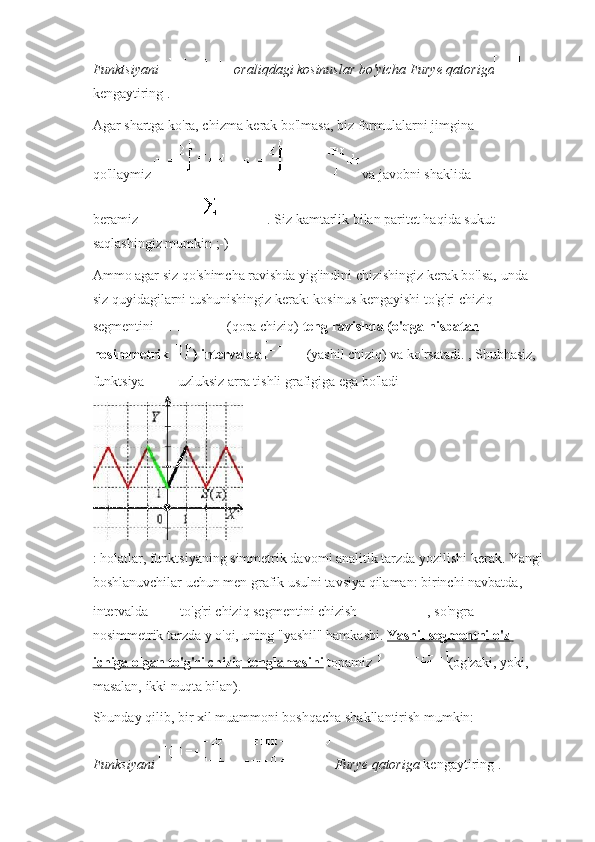 Funktsiyani     oraliqdagi kosinuslar bo'yicha Furye qatoriga  
kengaytiring .
Agar shartga ko'ra, chizma kerak bo'lmasa, biz formulalarni jimgina 
qo'llaymiz     va javobni shaklida 
beramiz   .   Siz kamtarlik bilan paritet haqida sukut 
saqlashingiz mumkin ;-)
Ammo agar siz qo'shimcha ravishda yig'indini chizishingiz kerak bo'lsa, unda 
siz quyidagilarni tushunishingiz kerak: kosinus kengayishi to'g'ri chiziq 
segmentini     (qora chiziq)   teng ravishda (o'qga nisbatan 
nosimmetrik   ) intervalda       (yashil chiziq) va ko'rsatadi. , Shubhasiz, 
funktsiya     uzluksiz arra tishli grafigiga ega bo'ladi
: holatlar, funktsiyaning simmetrik davomi analitik tarzda yozilishi kerak.   Yangi
boshlanuvchilar uchun men grafik usulni tavsiya qilaman: birinchi navbatda, 
intervalda     to'g'ri chiziq segmentini chizish   , so'ngra 
nosimmetrik tarzda y o'qi, uning "yashil" hamkasbi.   Yashil segmentni o'z 
ichiga olgan to'g'ri chiziq tenglamasini   topamiz   (og'zaki, yoki, 
masalan, ikki nuqta bilan).
Shunday qilib, bir xil muammoni boshqacha shakllantirish mumkin:
Funksiyani     Furye qatoriga   kengaytiring . 