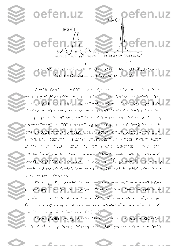 9 . 2 -rasm. Impuls amplitudasi 2V: a) amplituda spektri; b) energiya spektri
Fure diskret almashtirishi (FDA) va teskari FDA
Amalda signal Fure tashkil etuvchilari, unga analog ishlov berish natijasida
emas,   raqamli   hisoblashlar   natijasi   orqali   aniqlanadi.   Analog   signal   cheksiz   ko‘p
bir-biriga   yaqin   nuqtalardan   iborat   bo‘lganligi   uchun,   uning   hamma   qiymatlarini
ifodalash   mumkin   emas.   Shuning   uchun   raqamli   tizimlardan   foydalanish   uchun
analog   signalni   bir   xil   vaqt   oraliqlarida   diskretlash   kerak   bo‘ladi   va   bu   oniy
qiymat(o‘lchov)larni   ikkilik   raqamli   signal   shakliga   keltirish   kerak   bo‘ladi.   Bu
oniy   qiymatni   o‘lchash   xotirada   saqlash   konturi   yordamida   amalga   oshiriladi,
so‘ngra   analog-raqamli   o‘zgartirish   amalga   oshiriladi.   Analog   signalni   yuqori
aniqlik   bilan   tiklash   uchun   bu   bir   sekund   davomida   olingan   oniy
qiymat(o‘lchash)lar   soni   yetarli   darajada.   Nazariy   nuqtai   nazardan   diskretlash
kerakli   tezligi   Naykvist   chastotasi   deb   ataladi   va  2fю   ga   teng,  	fю   –   signalning
amplitudasi   sezilarli   darajada   katta   eng   yuqori   chastotali   sinusoidal   ko‘rinishdagi
tashkil etuvchisi chastotasi.
Shunday qilib, o‘zgartirilishi kerak bo‘lgan hamma ma’lumotlar endi diskret
va   nodavriy   ham   bo‘lishi   mumkin.   Shuning   uchun   Fure   almashtirishidan
foydalanish   mumkin   emas,   chunki   u   uzluksiz   ma’lumotlar   uchun   mo‘ljallangan.
Ammo, shunday analog almashtirish borki, uni diskret ma’lumotlarga ham qo‘llash
mumkin – bu Fure diskret almashtirishi (FDA).
Faraz   qilaylik,   analog   signalni   bir   xil   vaqt  	
T   oraliqlarida   diskretlash
natijasida 	
N  ta oniy qiymat(o‘lchash)ga ega bo‘lgan quyidagi diskret ketma-ketlik b)
a) 