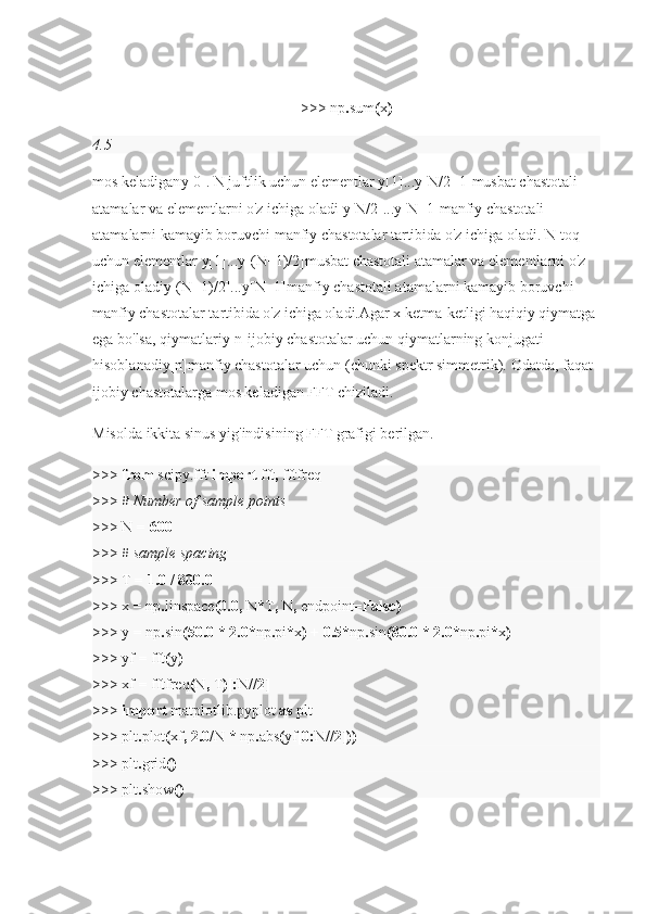 >>> np . sum ( x )
4.5
mos keladigan y[0] .   N juftlik uchun elementlar   y[1]...y[N/2−1] musbat chastotali 
atamalar va elementlarni o'z ichiga oladi   y[N/2]...y[N−1] manfiy chastotali 
atamalarni kamayib boruvchi manfiy chastotalar tartibida o'z ichiga oladi.   N toq 
uchun elementlar   y[1]...y[(N−1)/2] musbat chastotali atamalar va elementlarni o'z 
ichiga oladi y[(N+1)/2]...y[N−1] manfiy chastotali atamalarni kamayib boruvchi 
manfiy chastotalar tartibida o'z ichiga oladi.Agar x ketma-ketligi haqiqiy qiymatga 
ega bo'lsa, qiymatlari y[n] ijobiy chastotalar uchun qiymatlarning konjugati 
hisoblanadi y[n] manfiy chastotalar uchun (chunki spektr simmetrik).   Odatda, faqat 
ijobiy chastotalarga mos keladigan FFT chiziladi.
Misolda ikkita sinus yig'indisining FFT grafigi berilgan.
>>>  from  scipy.fft  import  fft ,  fftfreq
>>>  # Number of sample points
>>> N  =   600
>>>  # sample spacing
>>> T  =   1.0   /   800.0
>>> x  =  np . linspace (0.0,  N * T ,  N ,  endpoint =False)
>>> y  =  np . sin (50.0   *   2.0* np . pi * x )   +   0.5* np . sin (80.0   *   2.0* np . pi * x )
>>> yf  =  fft ( y )
>>> xf  =  fftfreq ( N ,  T )[: N //2]
>>>  import  matplotlib.pyplot  as  plt
>>> plt . plot ( xf ,   2.0/ N  *  np . abs ( yf [0: N //2]))
>>> plt . grid ()
>>> plt . show () 