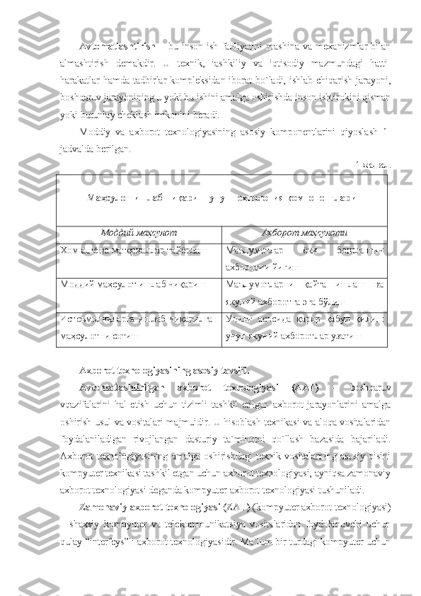 Avtomatlashtirish   –   bu   inson   ish   faoliyatini   mashina   va   mexanizmlar   bilan
almashtirish   demakdir.   U   texnik,   iashkiliy   va   iqtisodiy   mazmundagi   hatti-
harakatlar  hamda tadbirlar kompleksidan iborat  bo`ladi, ishlab chiqarish jarayoni,
boshqaruv jarayonining u yoki bu ishini amalga oshirishda inson ishtirokini qisman
yoki butunlay cheklash imkonini beradi.
Moddiy   va   axborot   texnologiyasining   asosiy   komponentlarini   qiyoslash   1-
jadvalda berilgan.
1-жадвал.
Маҳсулот  ишлаб чиқариш учун технология компонентлари
Моддий маҳсулот Ахборот  маҳсулоти
Хом  ашё ва материаллар тайёрлаш Маълумотлар   ёки   бошланғич
ахборотни йиғиш
Моддий  маҳсулот ишлаб чиқариш Маълумотларни   қайта   ишлаш   ва
якуний ахборотга эга бўлиш
Истеъмолчиларга   ишлаб   чиқарилган
маҳсулотни сотиш Унинг   асосида   қарор   қабул   қилиш
учун якуний ахборотлар узатиш
Axborot texnologiyasining asosiy tavsifi.
Avtomatlashtirilgan   axborot   texnologiyasi   (AAT)   –   boshqaruv
vqazifalarini   hal   etish   uchun   tizimli   tashkil   etilgan   axborot   jarayonlarini   amalga
oshirish usul va vositalari majmuidir. U hisoblash texnikasi va aloqa vositalaridan
foydalaniladigan   rivojlangan   dasturiy   ta`minotni   qo`llash   bazasida   bajariladi.
Axborot   texnologiyasining   amalga   oshirishdagi   texnik   vositalarning   asosiy   qisini
kompyuter texnikasi tashkil etgan uchun axborot texnologiyasi, ayniqsa zamonaviy
axborot texnologiyasi deganda kompyuter axborot texnologiyasi tushuniladi. 
Zamonaviy axborot texnologiyasi (ZAT)  (kompyuter axborot texnologiyasi)
–   shaxsiy   kompyuter   va   telekommunikatsiya   vositalaridan   foydalanuvchi   uchun
qulay “interfeys”li axborot texnologiyasidir. Ma`lum bir turdagi kompyuter uchun 