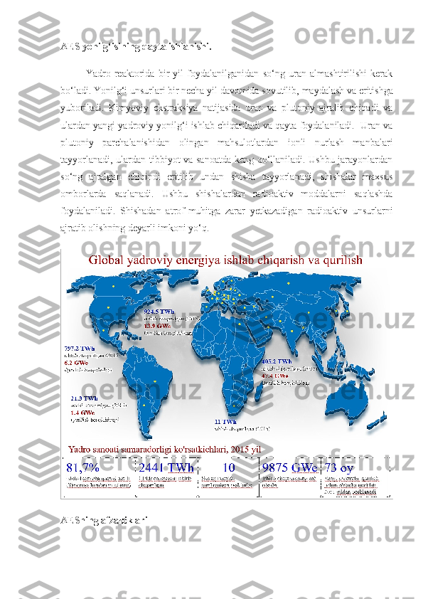 AES yonilg‘isining qayta ishlanishi.
Yadro   reaktorida   bir   yil   foydalanilganidan   so‘ng   uran   almashtirilishi   kerak
bo‘ladi.   Yonilg‘i unsurlari bir necha yil davomida sovutilib,   maydalash va eritishga
yuboriladi.   Kimyoviy   ekstraksiya   natijasida   uran   va   plutoniy   ajralib   chiqadi   va
ulardan yangi yadroviy yonilg‘i ishlab chiqariladi va qayta foydalaniladi.  Uran va
plutoniy   parchalanishidan   olingan   mahsulotlardan   ionli   nurlash   manbalari
tayyorlanadi, ulardan tibbiyot va sanoatda keng qo‘llaniladi. Ushbu jarayonlardan
so‘ng   ajralgan   chiqindi   eritilib   undan   shisha   tayyorlanadi,   shishalar   maxsus
omborlarda   saqlanadi.   Ushbu   shishalardan   radioaktiv   moddalarni   saqlashda
foydalaniladi.   Shishadan   atrof-muhitga   zarar   yetkazadigan   radioaktiv   unsurlarni
ajratib olishning deyarli imkoni yo‘q.   
AESning afzalliklari 