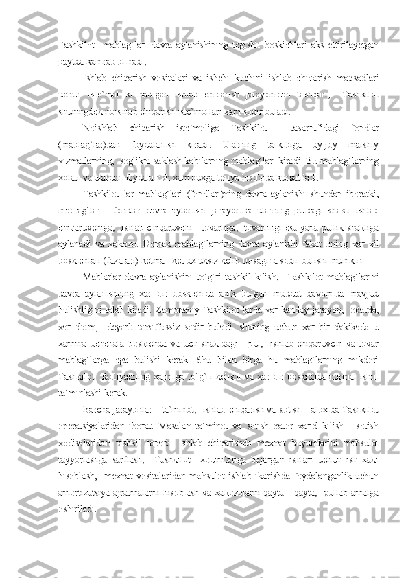 Tashkilot     mablag`lari   davra   aylanishining   tegishli   boskichlari   aks   ettirilayetgan
paytda kamrab olinadi;
Ishlab   chiqarish   vositalari   va   ishchi   kuchini   ishlab   chiqarish   maqsadlari
uchun   iste`mol   kilinadigan   ishlab   chiqarish   jarayonidan   tashqari,     Tashkilot
shuningdek noishlab chiqarish iste`mollari xam sodir buladi.
Noishlab   chiqarish   iste`moliga   Tashkilot     tasarrufidagi   fondlar
(mablag`lar)dan   foydalanish   kiradi.   Ularning   tarkibiga   uy-joy   maishiy
xizmatlarning,  soglikni saklash kabilarning mablag`lari kiradi. Bu mablag`larning
xolati va ulardan foydalanish xam buxgalteriya hisobida kursatiladi.
Tashkilot   lar   mablag`lari   (fondlari)ning   davra   aylanishi   shundan   iboratki,
mablag`lar   -   fondlar   davra   aylanishi   jarayonida   ularning   puldagi   shakli   ishlab
chiqaruvchiga,   ishlab chiqaruvchi - tovarliga,   tovarliligi esa yana pullik shakliga
aylanadi   va   xakozo.   Demak   mablag`larning   davra   aylanishi   fakat   uning   xar   xil
boskichlari (fazalari) ketma - ket uzluksiz kelib tursagina sodir bulishi mumkin.
Mablarlar   davra   aylanishini   to`g`ri   tashkil   kilish,     Tashkilot   mablag`larini
davra   aylanishning   xar   bir   boskichida   anik   bulgan   muddat   davomida   mavjud
bulishligini   talab   kiladi.   Zamonaviy   Tashkilot   larda   xar   kanday   jarayon,     odatda,
xar   doim,     deyarli   tanaffussiz   sodir   buladi.   shuning   uchun   xar   bir   dakikada   u
xamma   uchchala   boskichda   va   uch   shakldagi   -   pul,     ishlab   chiqaruvchi   va   tovar
mablag`larga   ega   bulishi   kerak.   Shu   bilan   birga   bu   mablag`larning   mikdori
Tashkilot     faoliyatining  xajmiga to`g`ri  kelishi  va  xar  bir  boskichda  normal   ishni
ta`minlashi kerak.
Barcha jarayonlar - ta`minot,   ishlab chiqarish va sotish - aloxida Tashkilot
operatsiyalaridan   iborat.   Masalan   ta`minot   va   sotish   qator   xarid   kilish   -   sotish
xodisalaridan   tashkil   topadi.   Ishlab   chiqarishda   mexnat   buyumlarini   mahsulot
tayyorlashga   sarflash,     Tashkilot     xodimlariga   bajargan   ishlari   uchun   ish   xaki
hisoblash,     mexnat   vositalaridan   mahsulot   ishlab   ikarishda   foydalanganlik   uchun
amortizatsiya  ajratmalarni hisoblash  va xakozolarni qayta - qayta,   pullab amalga
oshiriladi. 