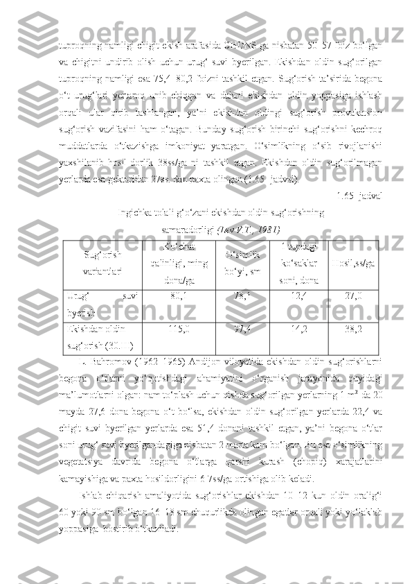 tuproqning namligi chigit ekish arafasida CHDNS ga nisbatan 50–57 foiz bo‘lgan
va   chigitni   undirib   olish   uchun   urug‘   suvi   byerilgan.   Ekishdan   oldin   sug‘orilgan
tuproqning  namligi  esa   75,4–80,2  foizni  tashkil   etgan.  Sug‘orish   ta’sirida  begona
o‘t   urug‘lari   yertaroq   unib   chiqqan   va   dalani   ekishdan   oldin   yoppasiga   ishlash
orqali   ular   qirib   tashlangan,   ya’ni   ekishdan   oldingi   sug‘orish   provakatsion
sug‘orish   vazifasini   ham   o‘tagan.   Bunday   sug‘orish   birinchi   sug‘orishni   kechroq
muddatlarda   o‘tkazishga   imkoniyat   yaratgan.   O‘simlikning   o‘sib   rivojlanishi
yaxshilanib   hosil-dorlik   38ss/ga   ni   tashkil   etgan.   Ekishdan   oldin   sug‘orilmagan
yerlarda esa gektaridan 27ss. dan paxta olingan (1.65- jadval).
1.65 - jadval
Ingichka tolali g‘o‘zani ekishdan oldin sug‘orishning
samaradorligi   ( Lev V.T., 1981 )
Sug‘orish
variantlari Ko‘chat
qalinligi, ming
dona/ga O‘simlik
bo‘yi, sm 1 tupdagi
ko‘saklar
soni, dona Hosil,ss/ga
Urug‘   suvi
byerish 80,1 78,1 12,4 27,0
Ekishdan oldin 
sug‘orish (30.III) 115,0 97,4 14,2 38,2
L.   Bahromov   (1962–1965)   Andijon   viloyatida   ekishdan   oldin   sug‘orishlarni
begona   o‘tlarni   yo‘qotishdagi   ahamiyatini   o‘rganish   jarayonida   quyidagi
ma’lumotlarni olgan: nam to‘plash uchun qishda sug‘orilgan yerlarning 1 m 2   
da 20
mayda   27,6   dona   begona   o‘t   bo‘lsa,   ekishdan   oldin   sug‘orilgan   yerlarda   22,4   va
chigit   suvi   byerilgan   yerlarda   esa   51,4   donani   tashkil   etgan,   ya’ni   begona   o‘tlar
soni urug‘ suvi byerilgandagiga nisbatan 2 marta kam bo‘lgan. Bu esa o‘simlikning
vegetatsiya   davrida   begona   o‘tlarga   qarshi   kurash   (chopiq)   xarajatlarini
kamayishiga va paxta hosildorligini 6-7ss/ga ortishiga olib keladi.
Ishlab   chiqarish   amaliyotida   sug‘orishlar   ekishdan   10–12   kun   oldin   oralig‘i
60 yoki 90 sm bo‘lgan 16–18 sm chuqurlikda olingan egatlar orqali yoki yo‘laklab
yoppasiga  bostirib o‘tkaziladi. 