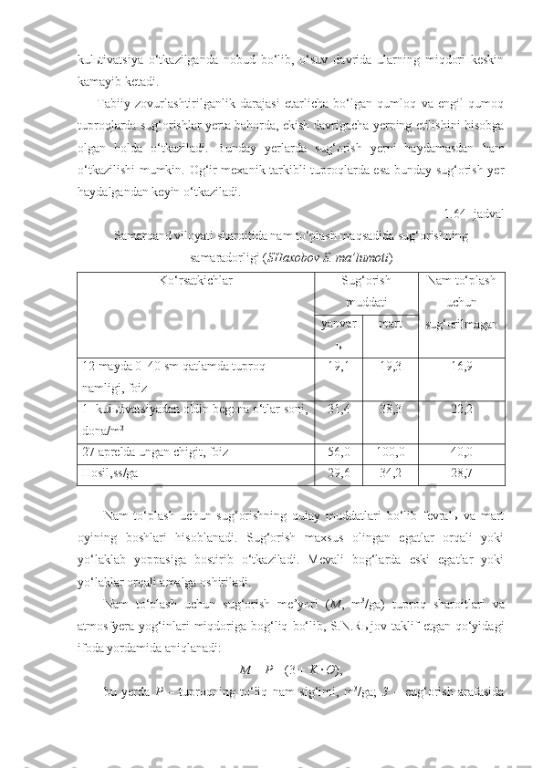 kulьtivatsiya   o‘tkazilganda   nobud   bo‘lib,   o‘suv   davrida   ularning   miqdori   keskin
kamayib ketadi.
Tabiiy   zovurlashtirilganlik   darajasi   etarlicha   bo‘lgan   qumloq   va   engil   qumoq
tuproqlarda sug‘orishlar yerta bahorda, ekish davrigacha yerning etilishini hisobga
olgan   holda   o‘tkaziladi.   Bunday   yerlarda   sug‘orish   yerni   haydamasdan   ham
o‘tkazilishi mumkin. Og‘ir mexanik tarkibli tuproqlarda esa bunday sug‘orish yer
haydalgandan keyin o‘tkaziladi.
1.64- jadval
Samarqand viloyati sharoitida nam to‘plash maqsadida sug‘orishning
samaradorligi   ( SHaxobov S. ma’lumoti )
Ko‘rsatkichlar  Sug‘orish
muddati  Nam to‘plash
uchun
sug‘orilmaganyanvar
ь  mart
12 mayda 0–40 sm qatlamda tuproq 
namligi, foiz 19,1 19,3 16,9
1- kul ь tivatsiyadan oldin begona o‘tlar soni,
dona/m 2 31,4 38,3 22,2
27 aprelda ungan chigit, foiz  56,0 100,0 40,0
Hosil,ss/ga  29,6 34,2 28,7
Nam   to‘plash   uchun   sug‘orishning   qulay   muddatlari   bo‘lib   fevralь   va   mart
oyining   boshlari   hisoblanadi.   Sug‘orish   maxsus   olingan   egatlar   orqali   yoki
yo‘laklab   yoppasiga   bostirib   o‘tkaziladi.   Mevali   bog‘larda   eski   egatlar   yoki
yo‘laklar orqali amalga oshiriladi.
Nam   to‘plash   uchun   sug‘orish   me’yori   ( M ,   m 3
/ga)   tuproq   sharoitlari   va
atmosfyera  yog‘inlari   miqdoriga   bog‘liq   bo‘lib,   S.N.Rыjov   taklif   etgan  qo‘yidagi
ifoda yordamida aniqlanadi:
M  =  P  – (3 +  K  ·  
O ),
bu   yerda   P   –   tuproqning   to‘liq   nam   sig‘imi,   m 3
/ga;   3   –   cug‘orish   arafasida 