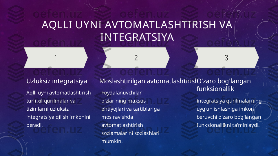 AQLLI UY N I AVTOMATLA SHTI RI SH VA 
IN TEGRATSI YA
Uzluksiz integratsiya
Aqlli uyni avtomatlashtirish 
turli xil qurilmalar va 
tizimlarni uzluksiz 
integratsiya qilish imkonini 
beradi. Moslashtirilgan avtoma tlashtirish
Foydalanuvchilar 
o'zlarining maxsus 
ehtiyojlari va tartiblariga 
mos ravishda 
avtomatlashtirish 
sozlamalarini sozlashlari 
mumkin. O'zaro bog'langan 
funksionallik
Integratsiya qurilmalarning 
uyg'un ishlashiga imkon 
beruvchi o'zaro bog'langan 
funksionallikni ta'minlaydi. 